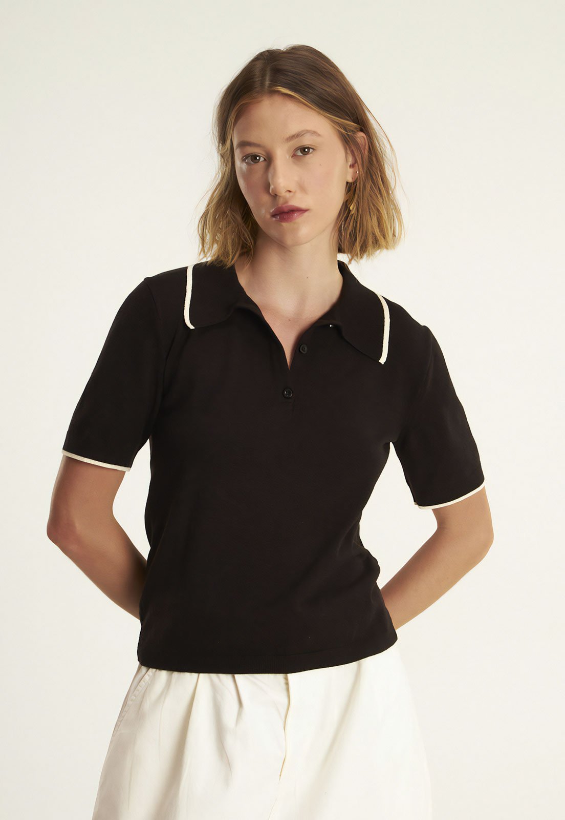 Camisa Polo Cantão Regular Tricot Friso Preta