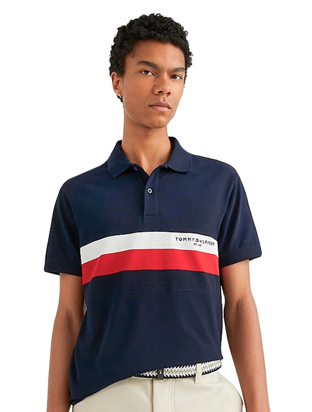 Polo Tommy Hilfiger Masculina Piquet Slim Colourblock Azul Marinho