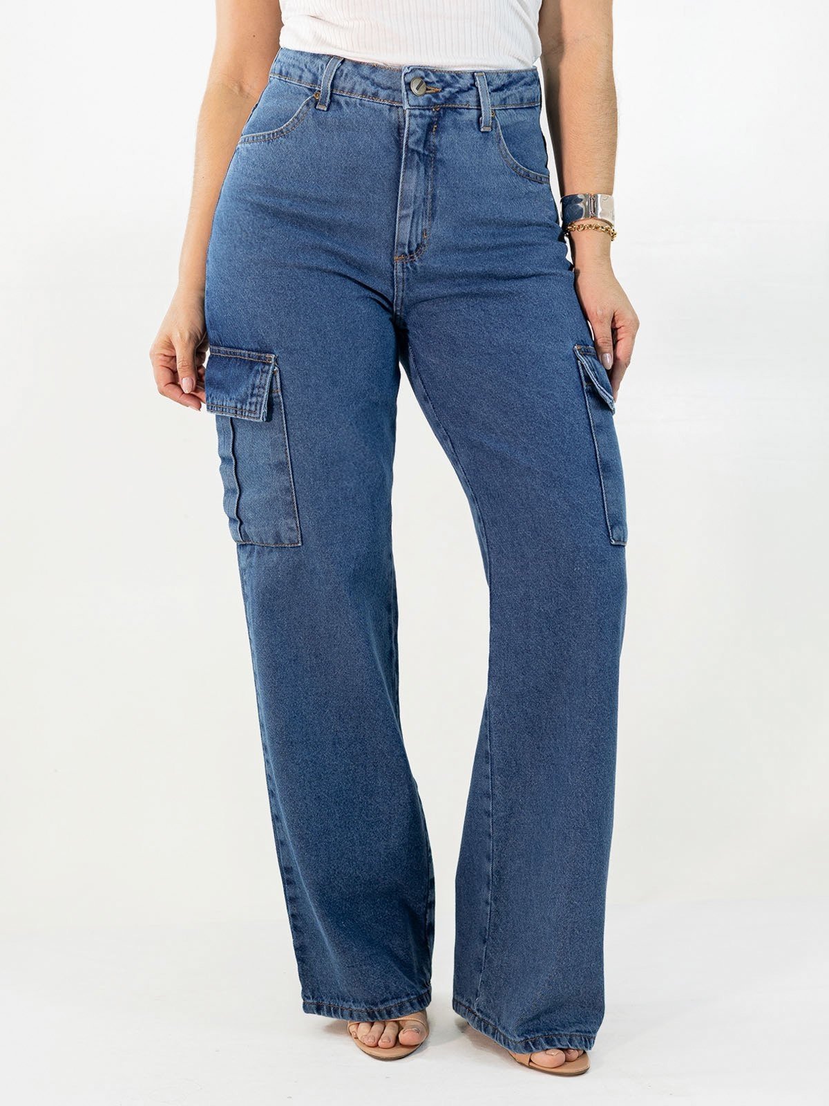 Calça Feminina Cargo Wide Leg Jeans Cintura Alta Anticorpus