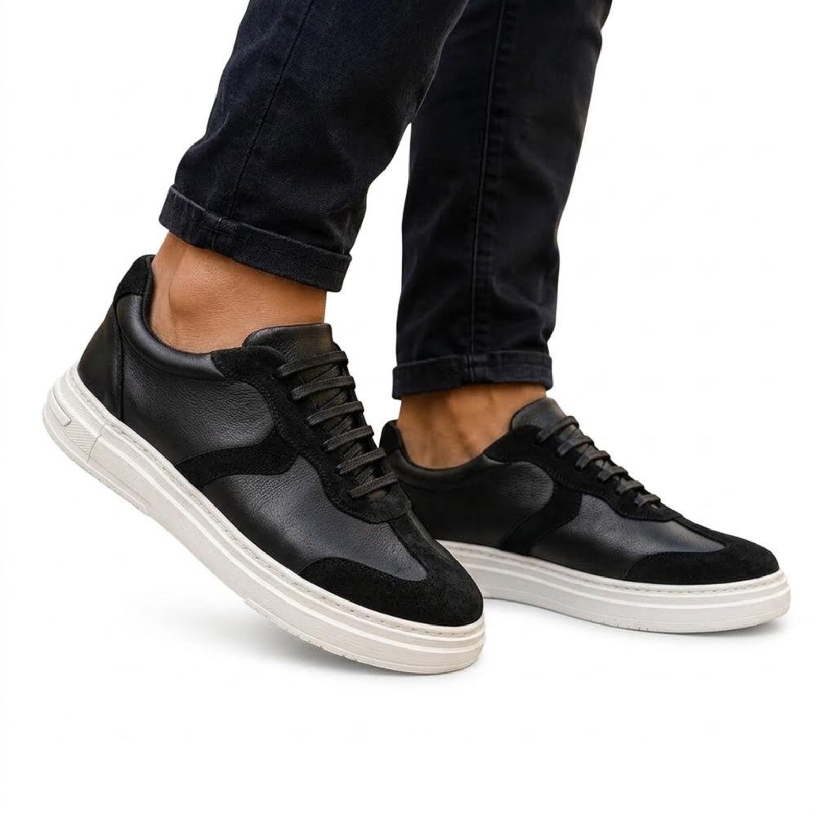 Tênis Masculino Couro Legítimo Camurça Cadarço Elástico Preto