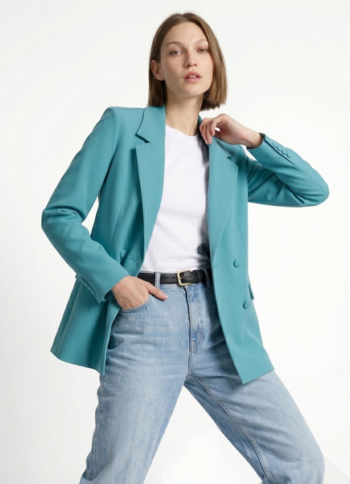 Blazer Feminino Azul Turquesa Max Fino Alfaiataria Forrado Rosa