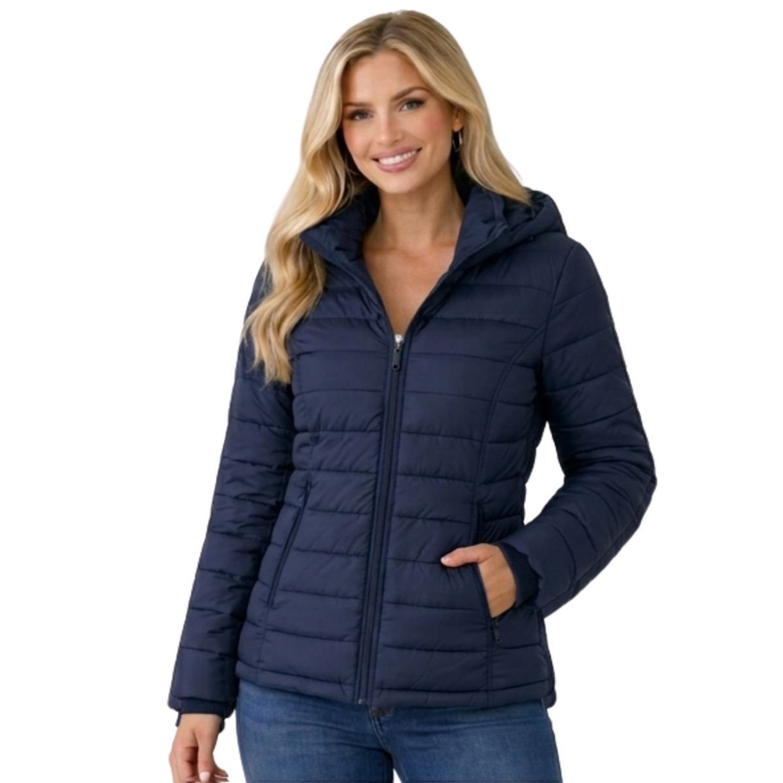 Jaqueta Parka Feminina Marinho Puffer Com Capuz Inverno Nylon