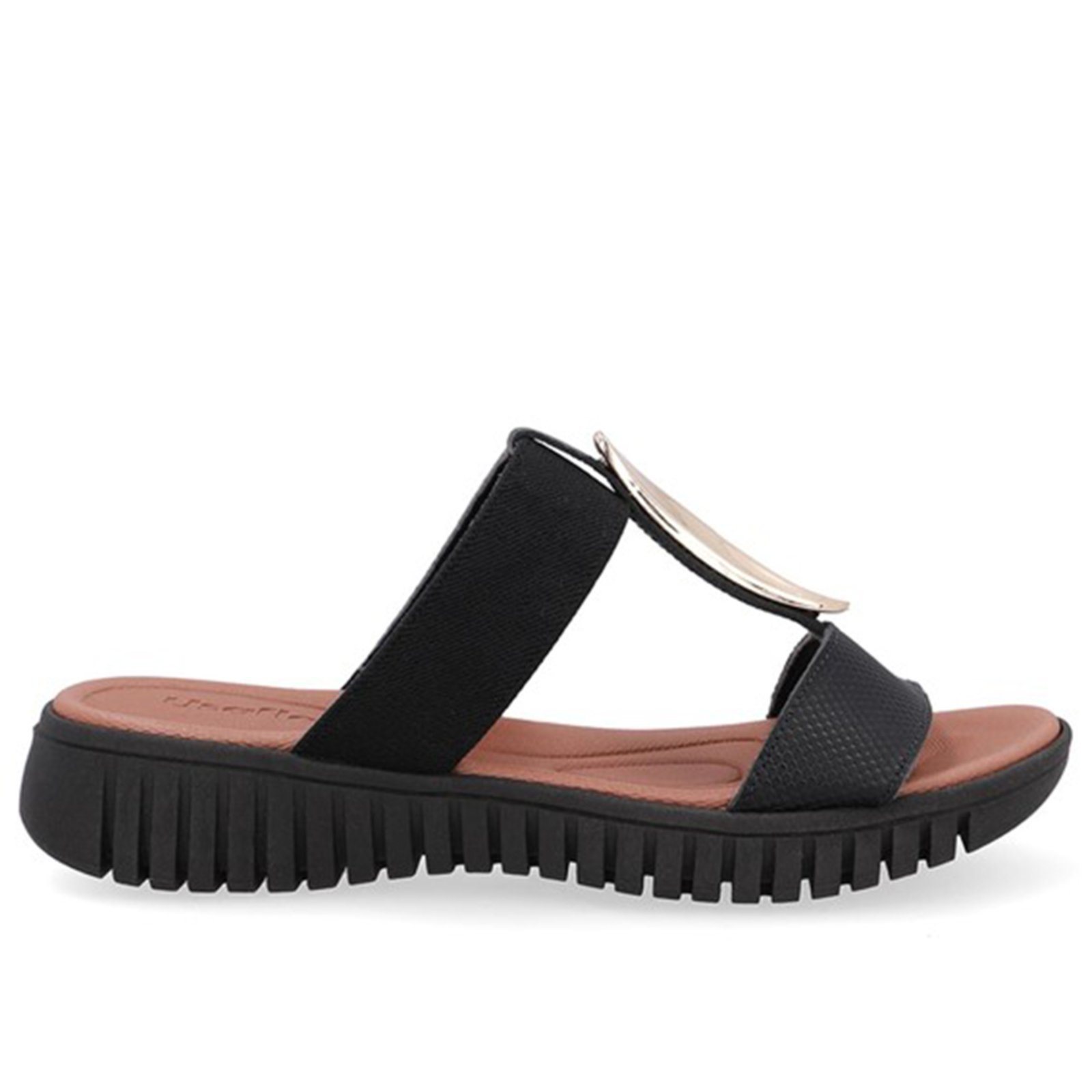 Tamanco Salto Baixo Couro Enfeite Dourado Usaflex Preto – 001