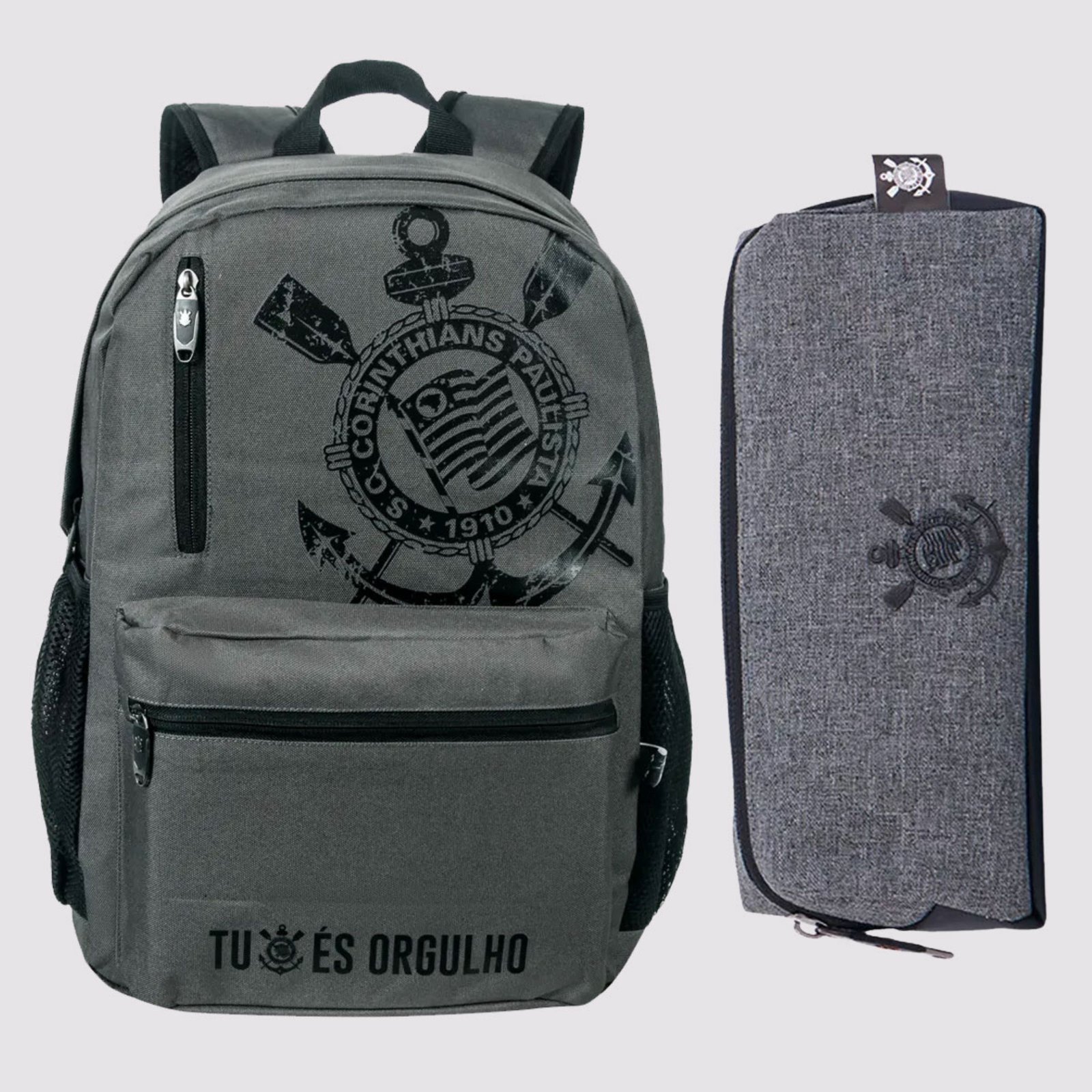 Infantil - Kit Mochila e Estojo Corinthians Cinza