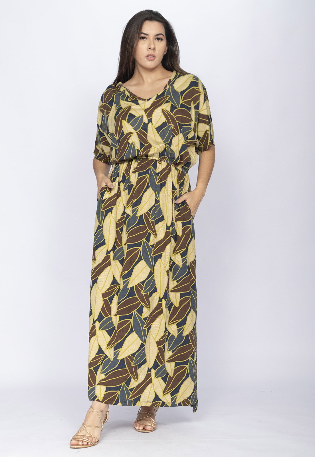 Vestido CabanaFree Longo Plus Malha Estampa Folhas de Outono