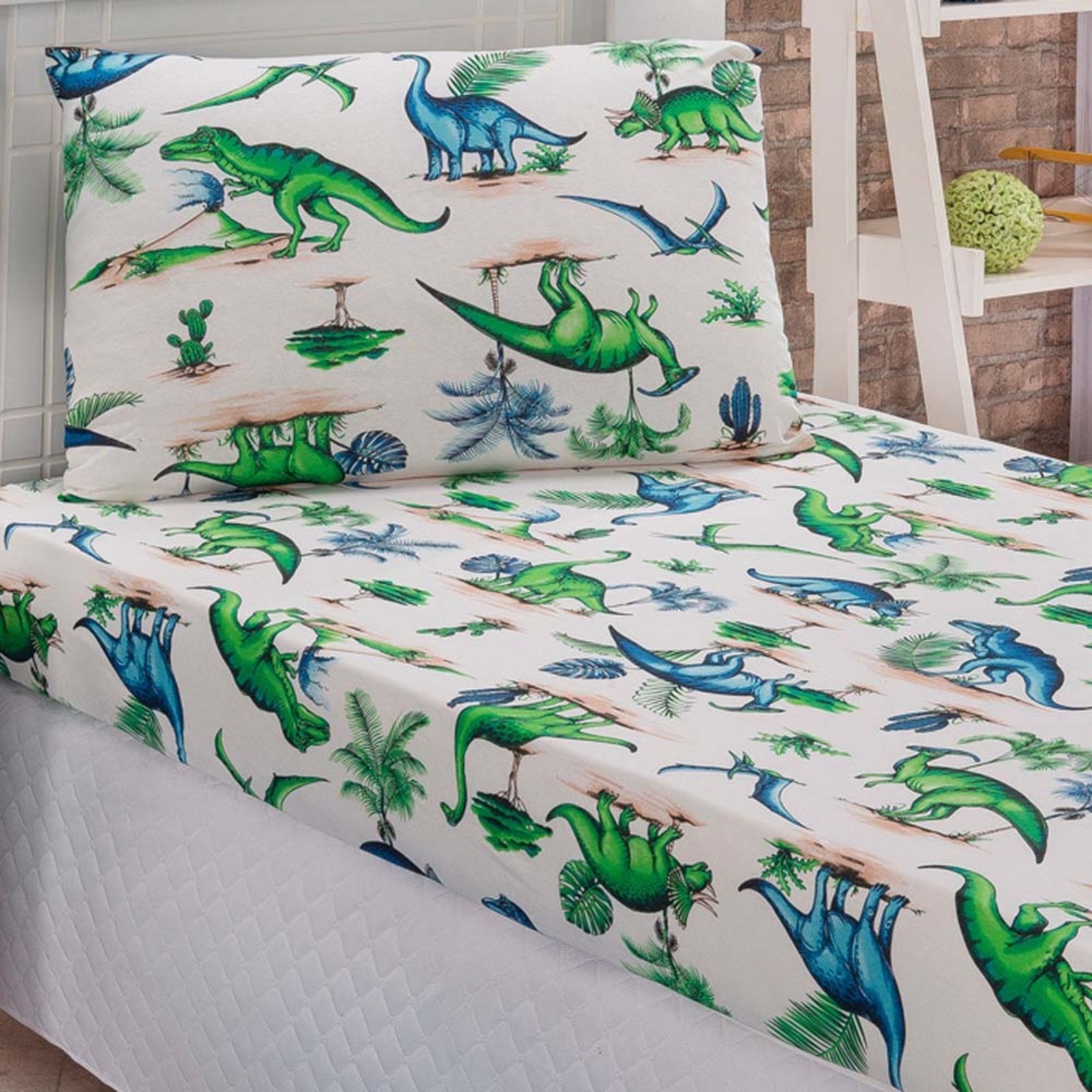 Jogo Cama Lençol Casa Scarpa Diver Solteiro Malha Soft Algodão 2 Peças - Dinossauro Verde Azul