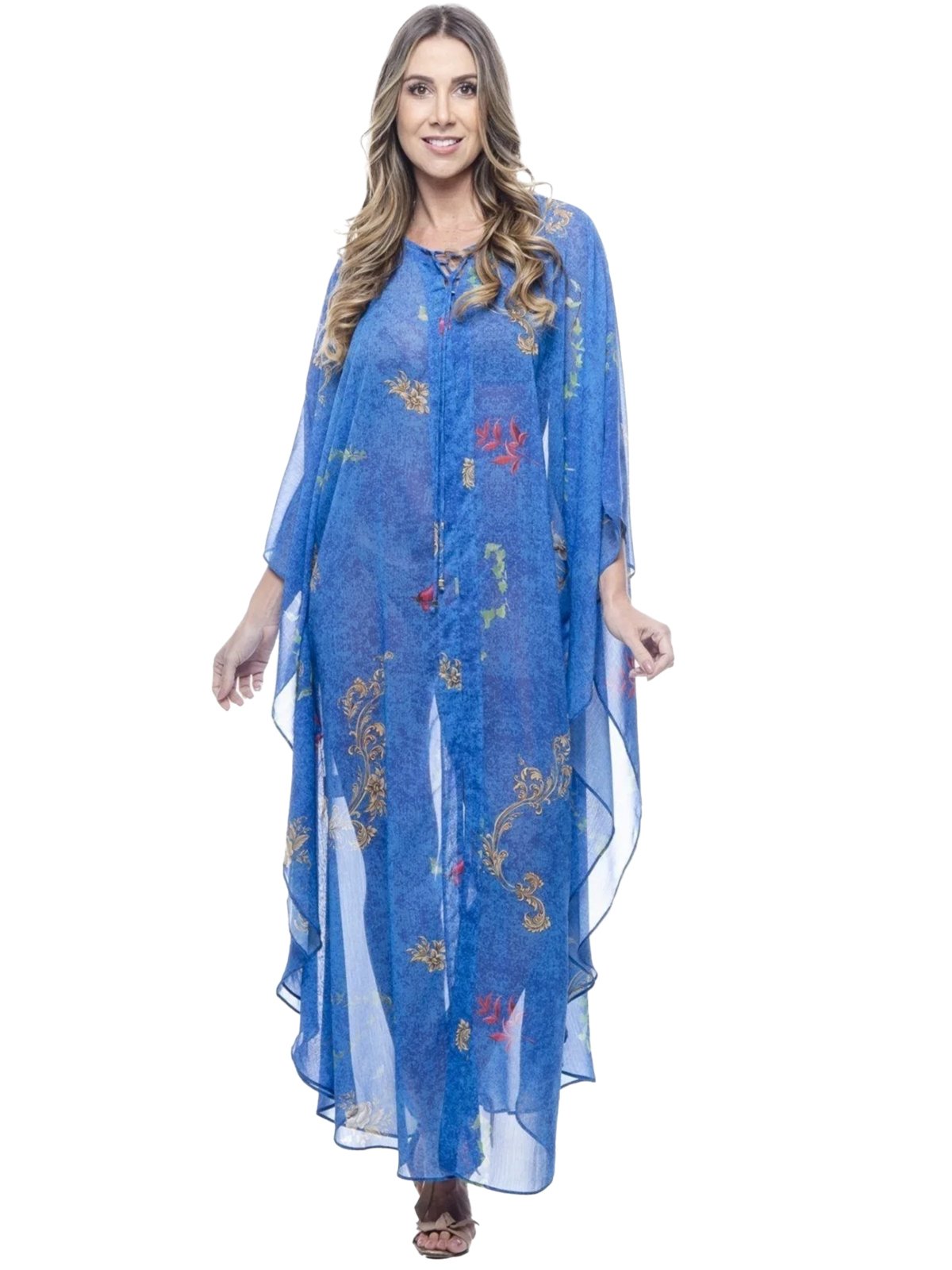 Vestido KAFTAN Longo Crepe Semitransparente Estampado EXCLUSIVO Paisley Fundo Azul