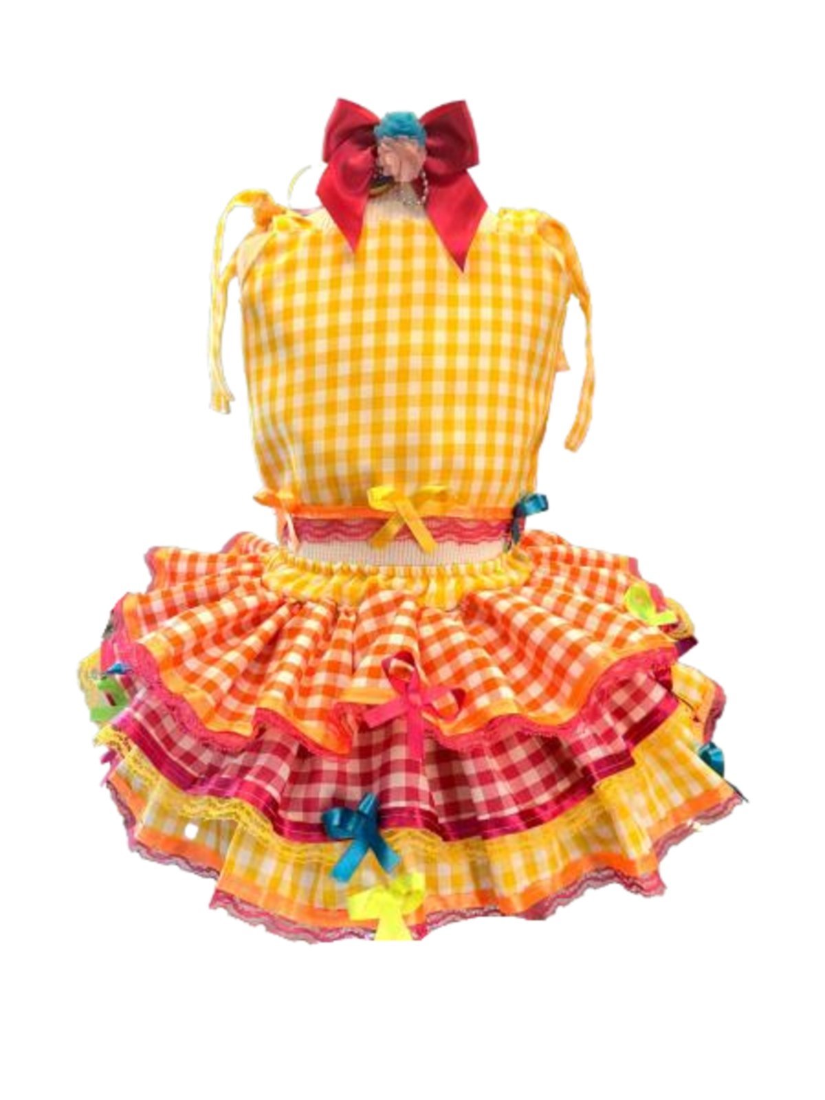 Infantil - Conjunto Xadrez Junino Amarelo Cropped Saia Festa Junina Caipira Quadrilha Sinhá São João