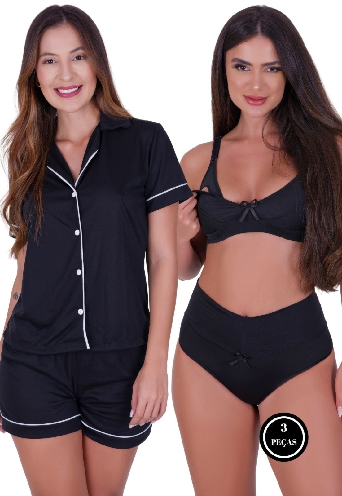 Combo Amamentação Pijama Botão + Sutiã Amamentação Liso + Calcinha Pós Parto Preto