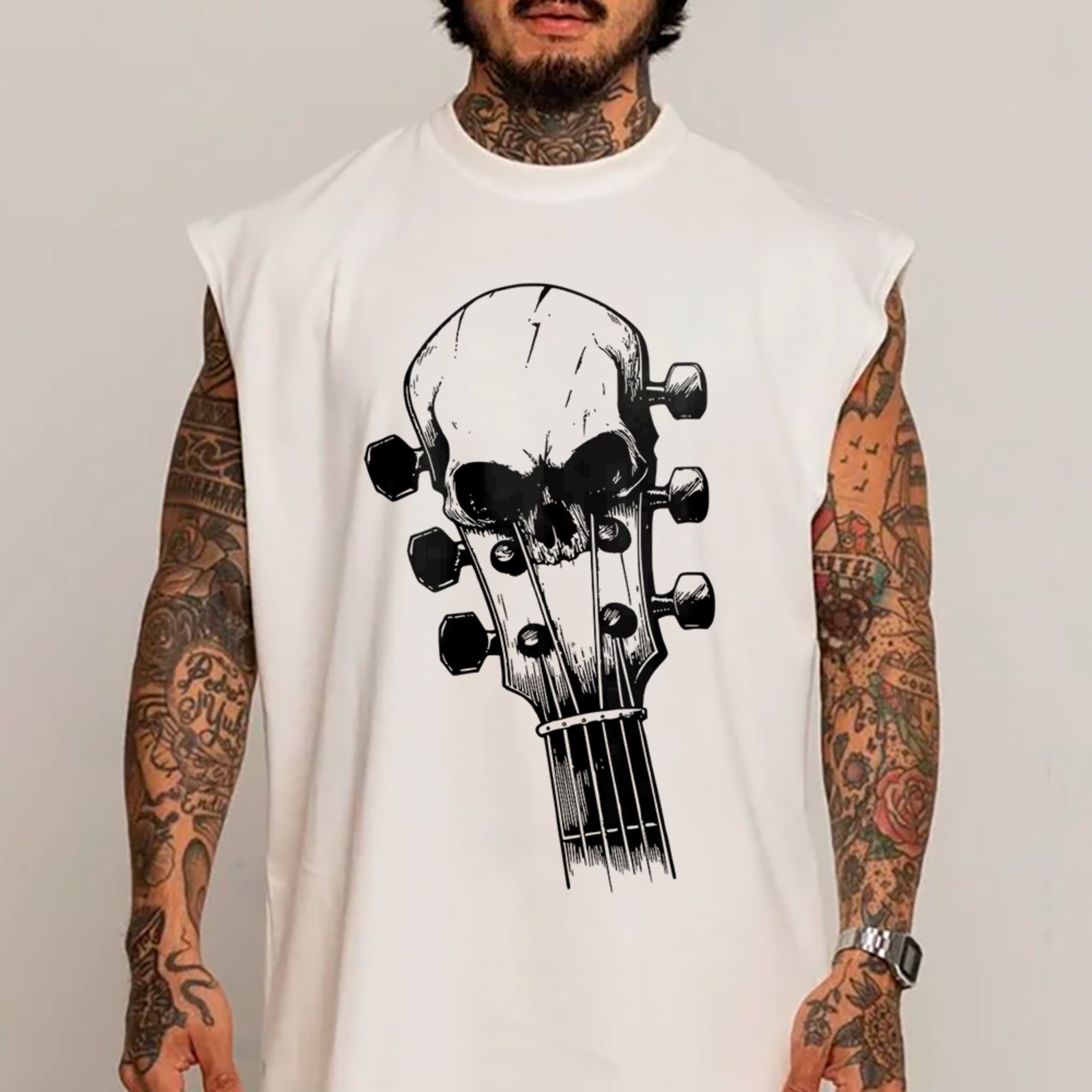 Camiseta Regata Machão Caveira Guitarra Rock Estilo Street Branco