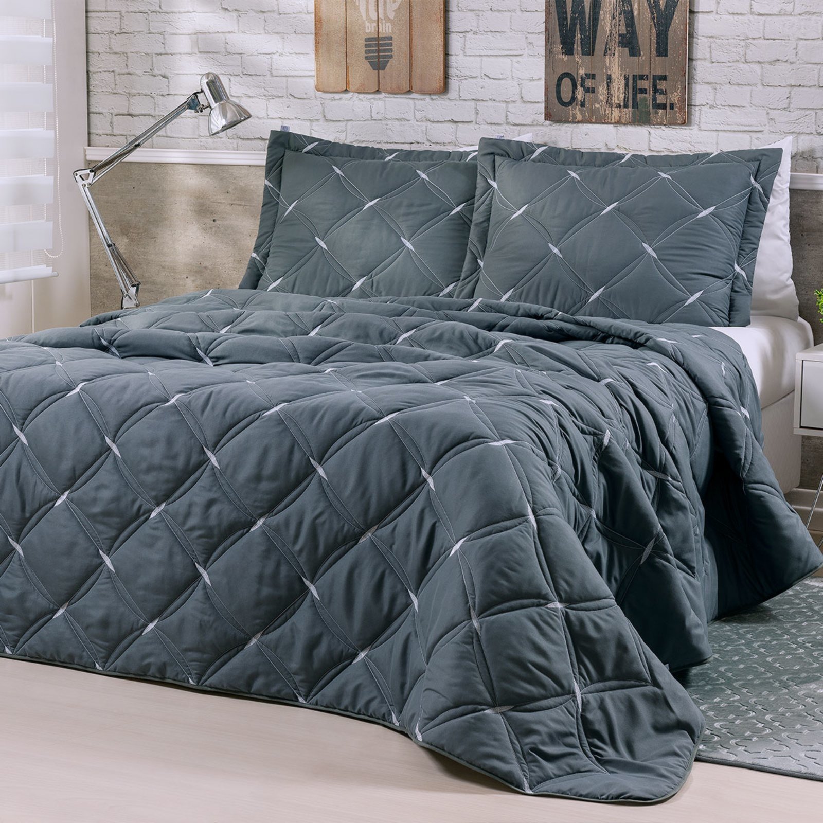 Cobre Leito King Unique 200 Fios Bordado 3 Peças – Grafite