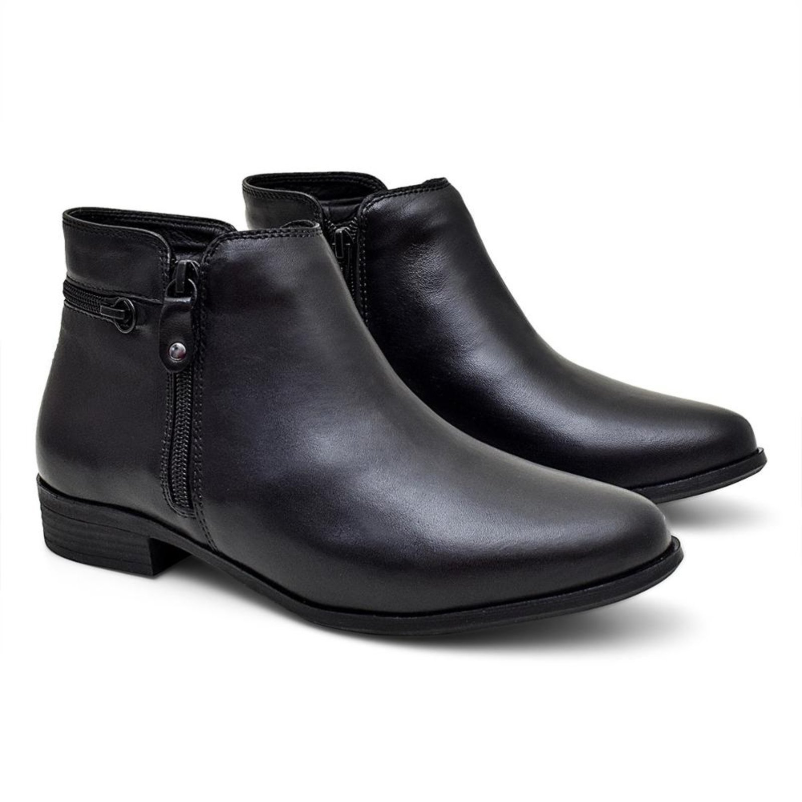 Bota Casual Feminina Couro Com Zíper Cano Baixo Confortável Marrom Claro 33 Preto