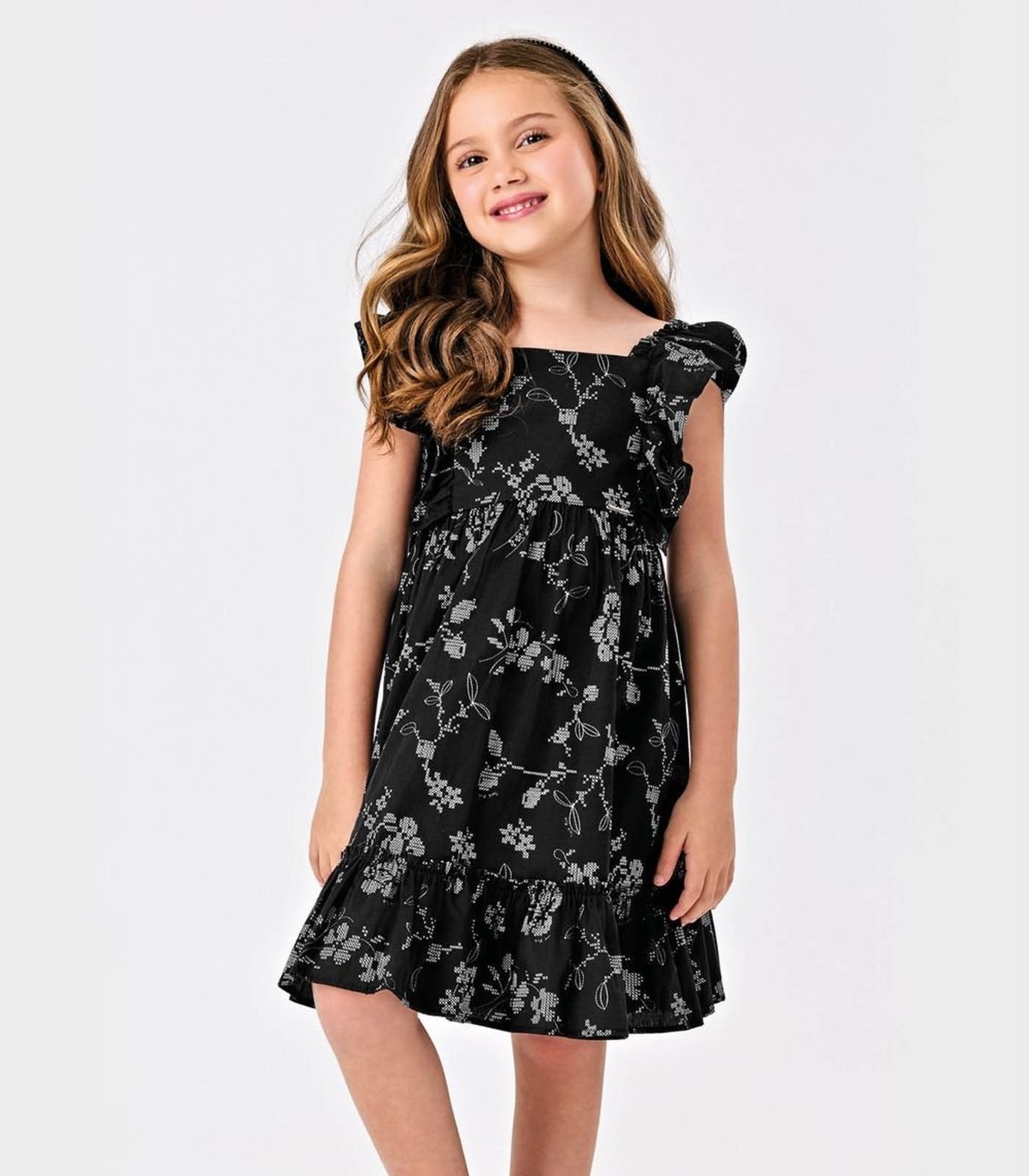 Infantil – Vestido Popeline Floral Bordado Trick Nick Preto