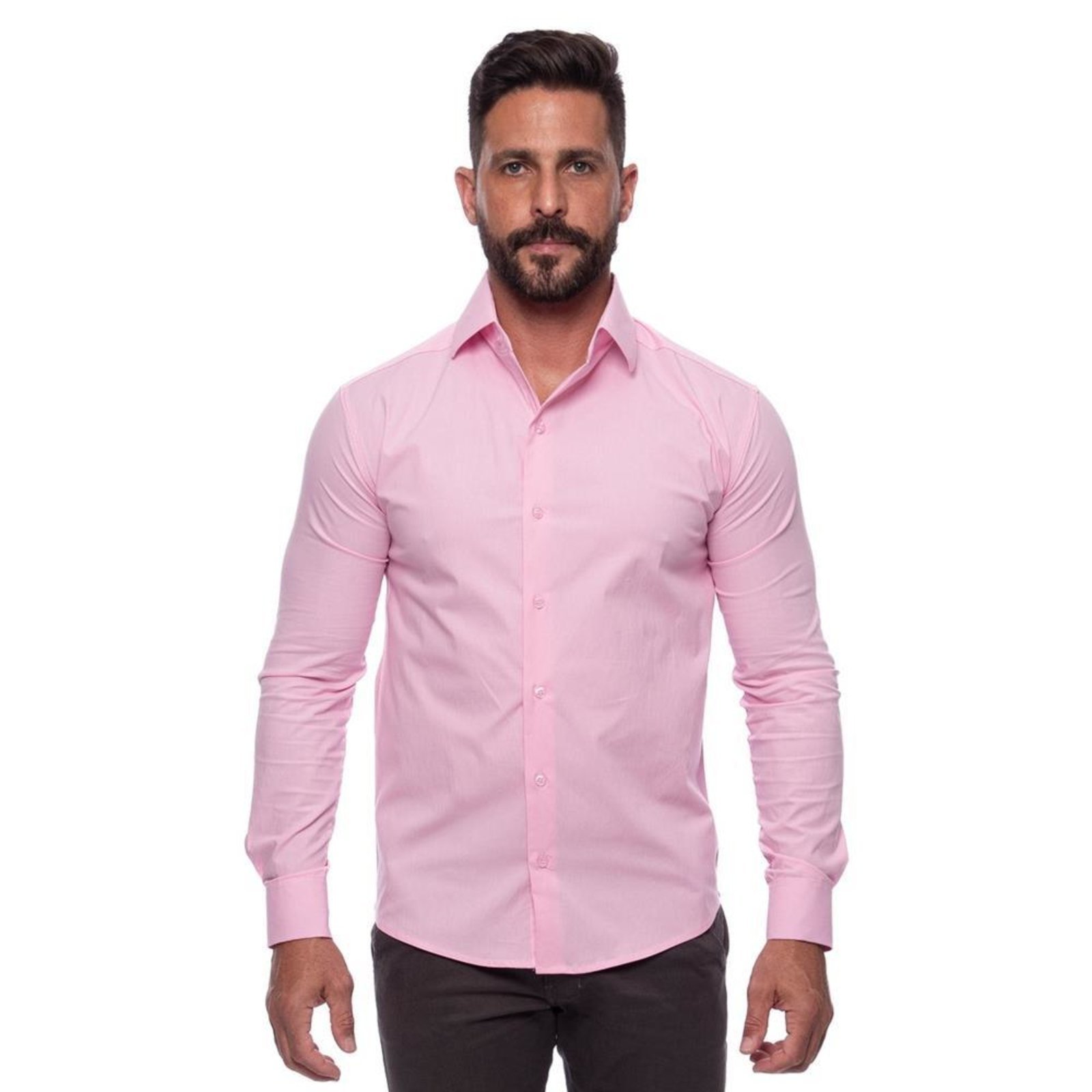 Camisa Masculina Slim Manga Longa Lisa Acetinada Social Azul Claro G Rosa