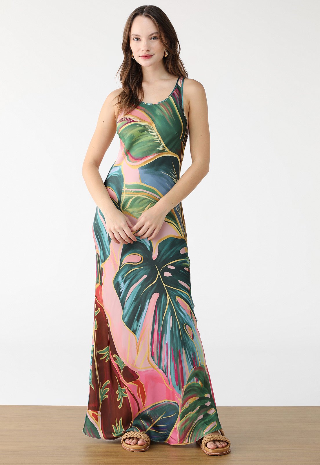 Vestido FARM Longo Enviesado Piscina tropical Verde