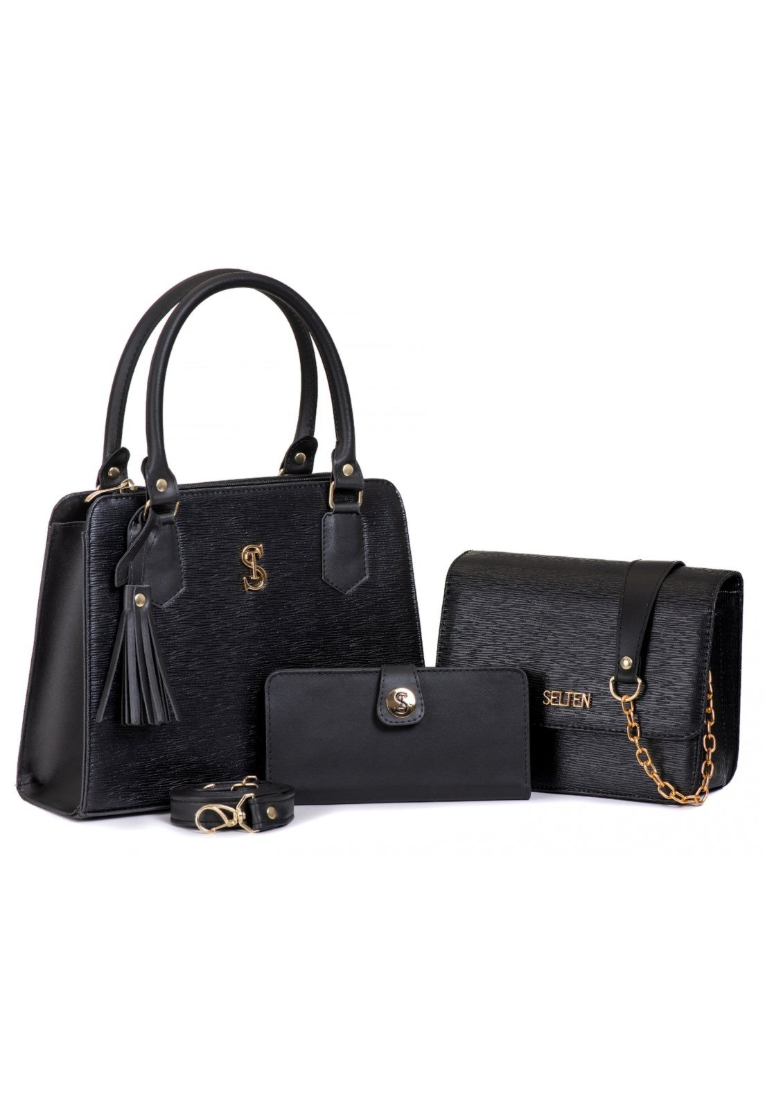 Kit de Bolsas de Mãe e Transversal de corrente e carteira Selten Brasil preto
