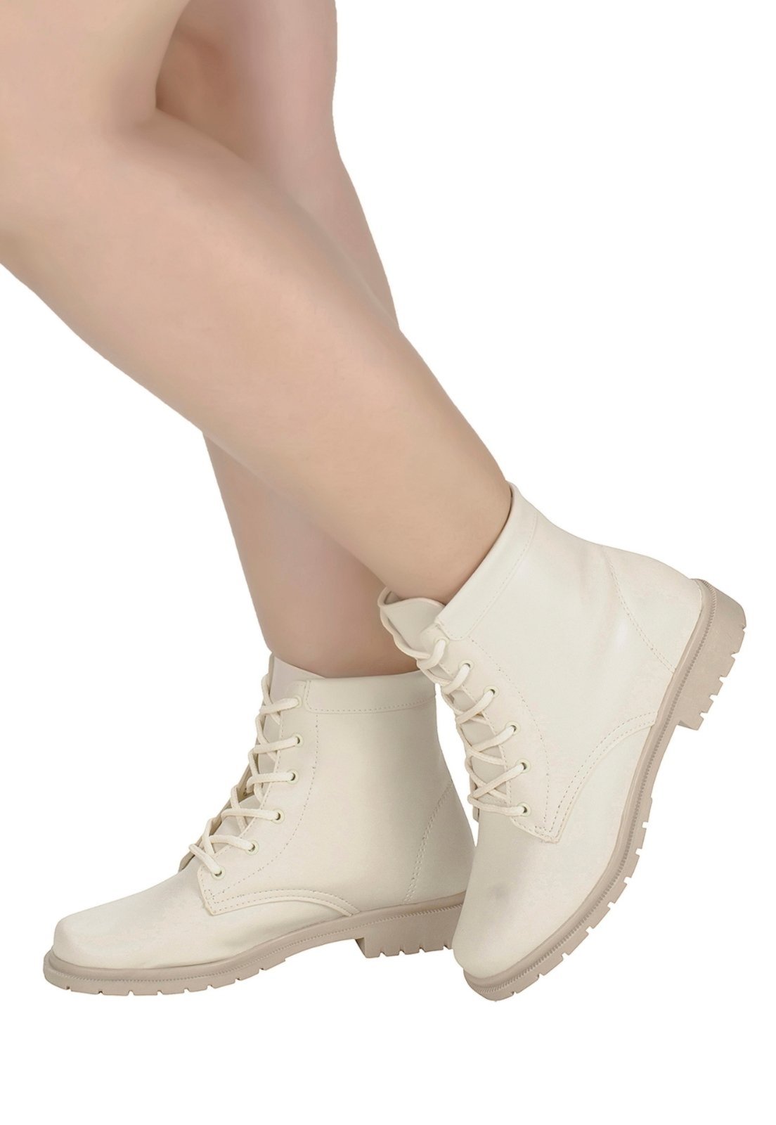 Coturno Cano Baixo Feminino Bota Tratorada Moda Inverno 203 Bege