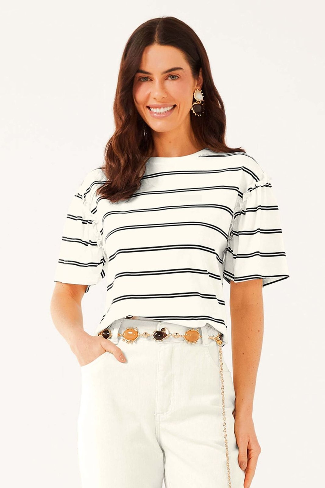Blusa Feminina Listrada Com Franzidos Marialícia Bege