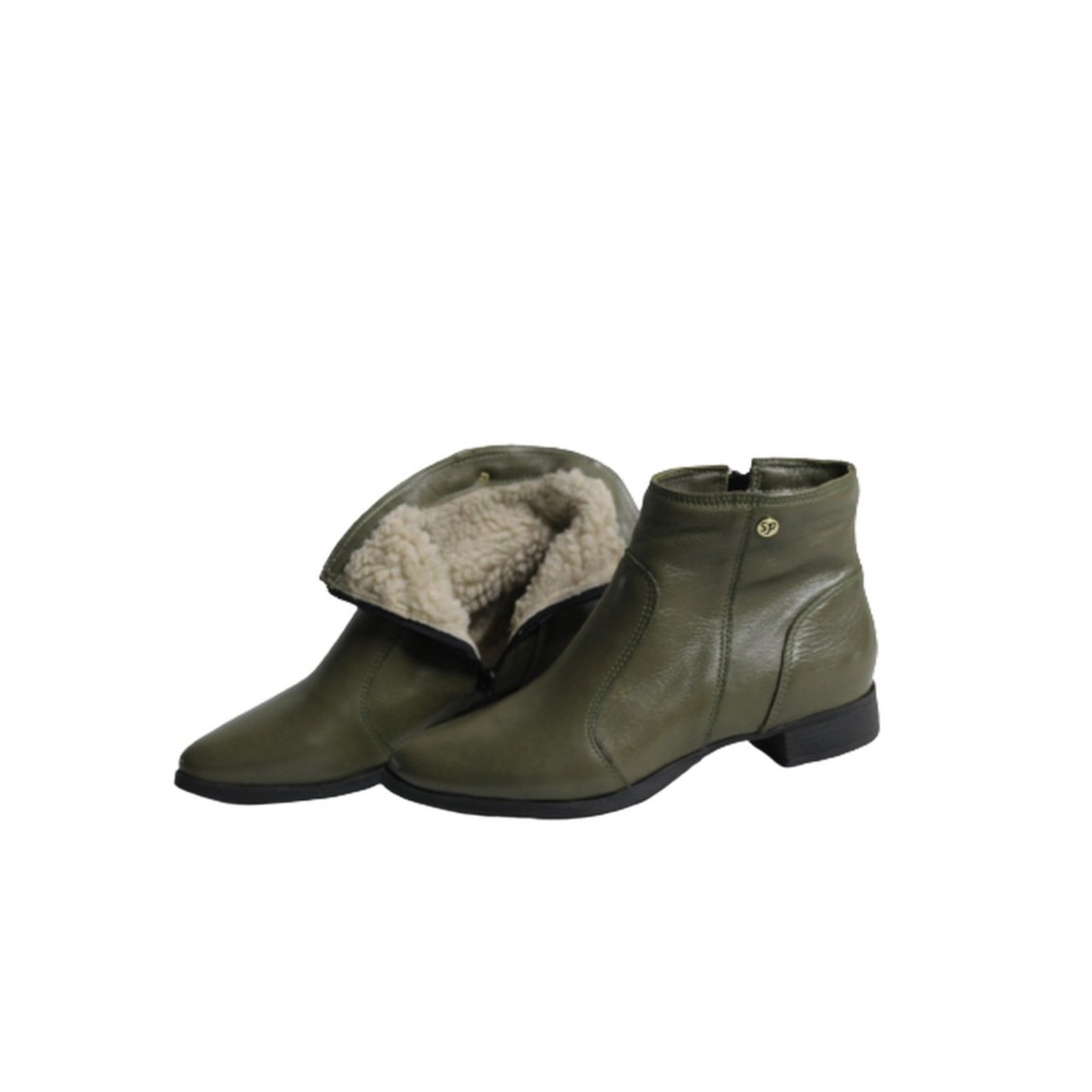 Bota Cano Curto Lã Sintética Couro Salto 2 CM Verde Spinelli