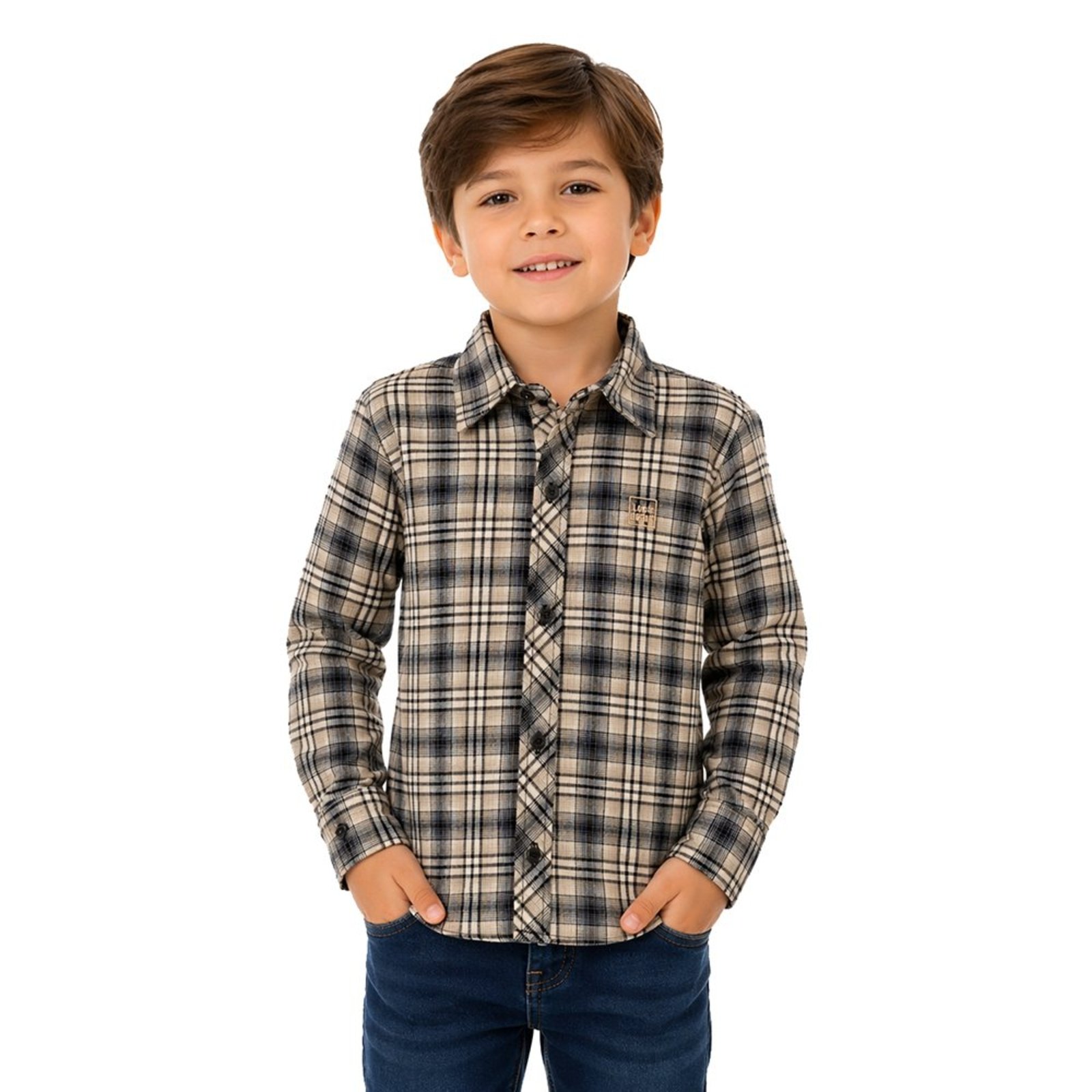 Infantil - Camisa Juvenil Look Jeans Manga Longa Xadrez Bege
