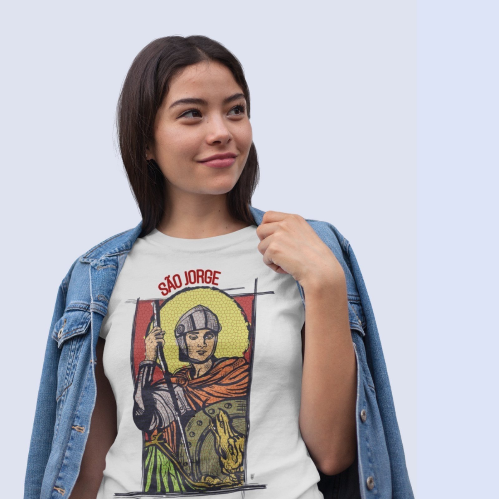 Camiseta Feminina Manga Curta Algodão Estampa São Jorge