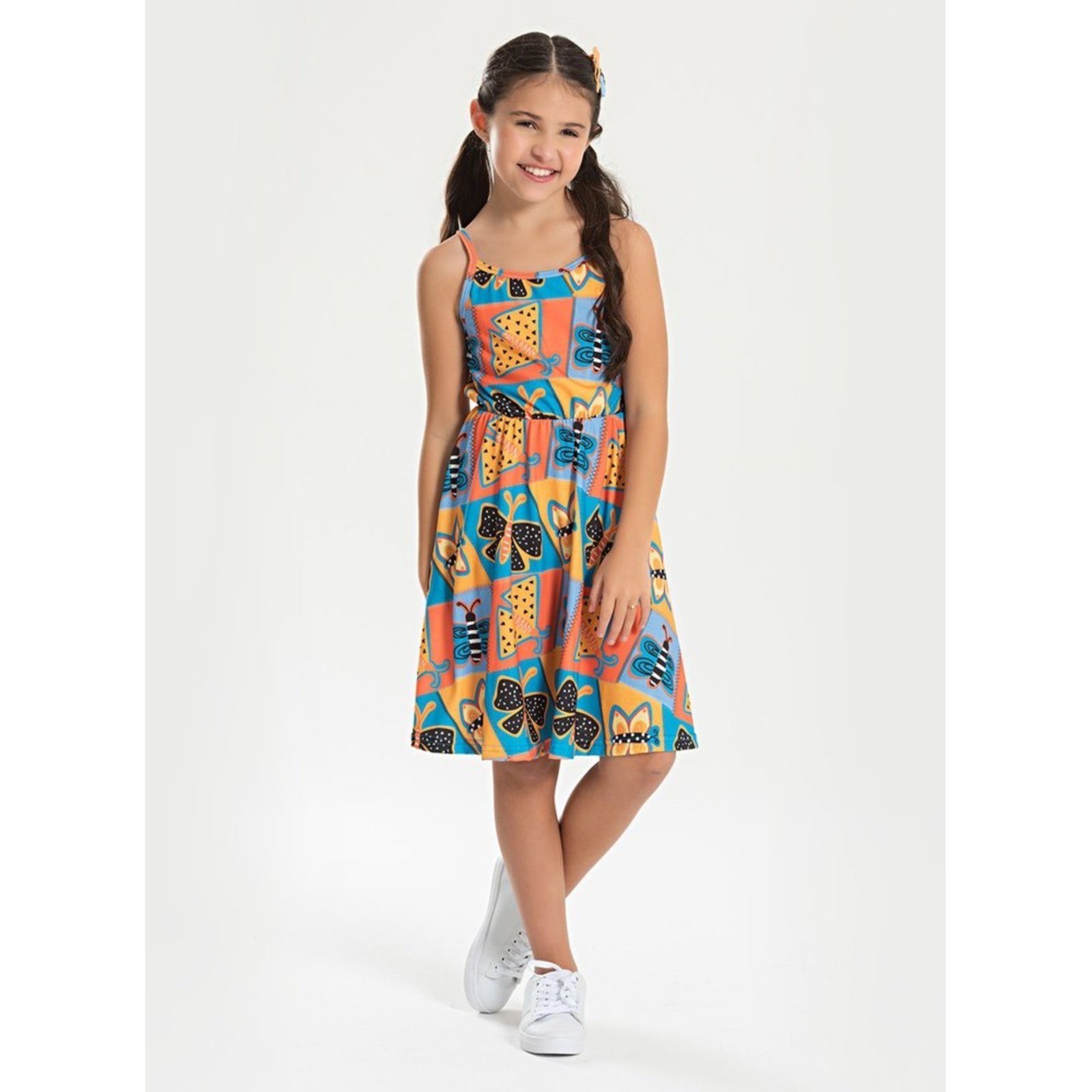 Infantil – Vestido Alcinha Verão Menina Azul Borboletas Geométricas