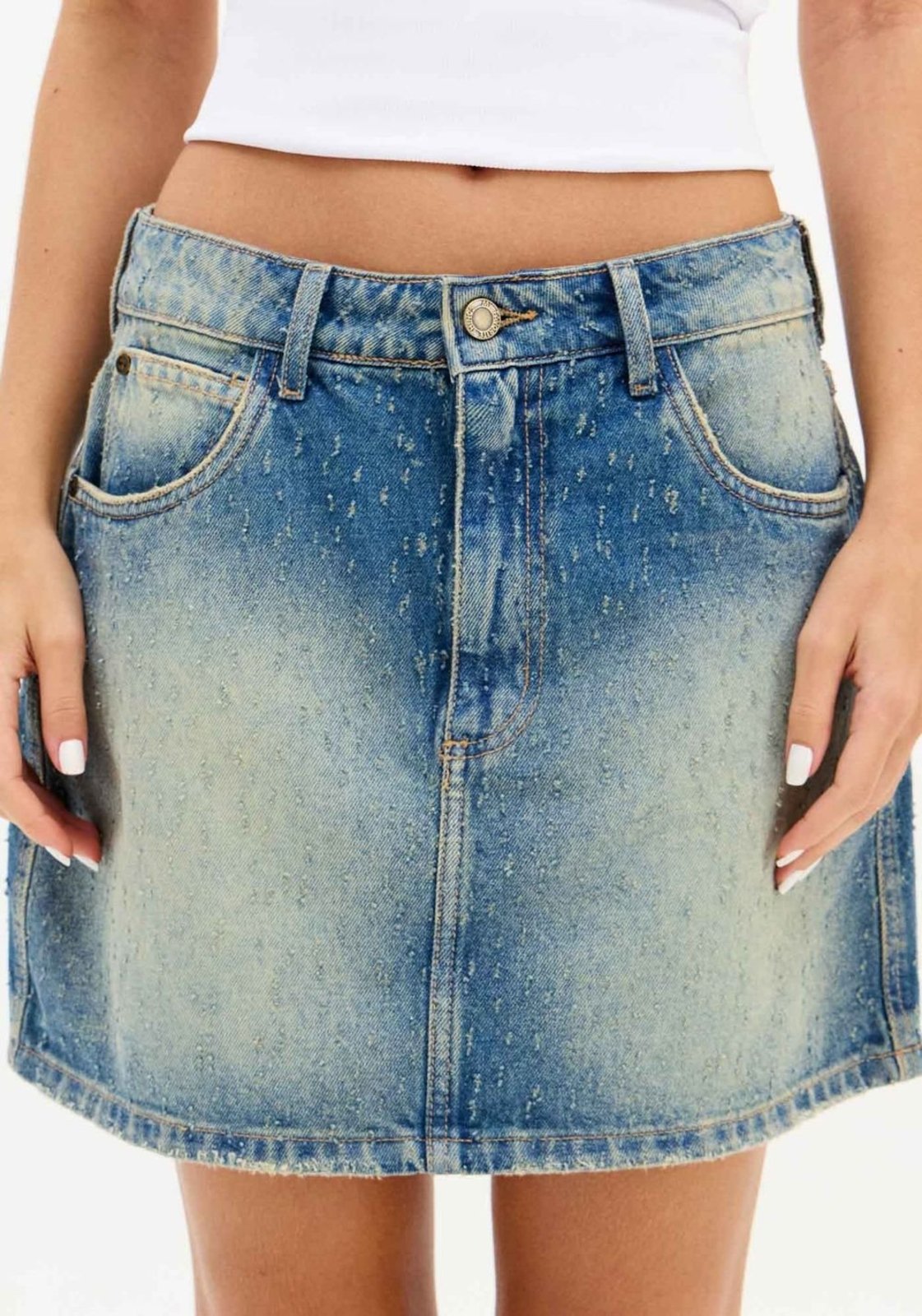 Vista 3 Saia Jeans Curta Cintura Alta My Favorite Things azul My Favorite Things azul