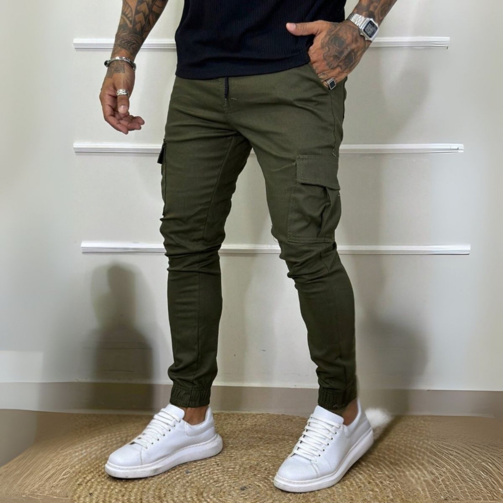 Calça Jogger Cargo Masculina Verde Escuro Linha Premium 100% Algodão
