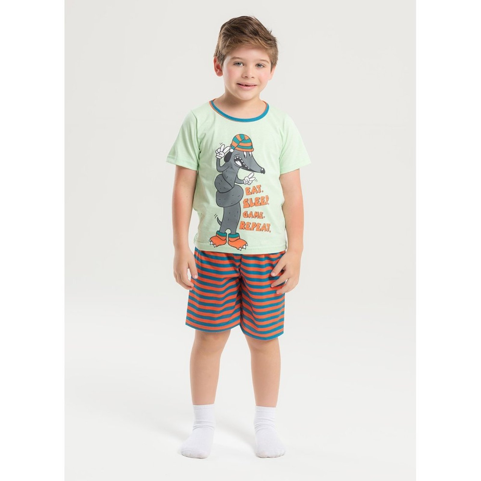 Pijama Verão Menino Verde Camiseta Brilha no Escuro e Bermuda Doguinho Enrolado