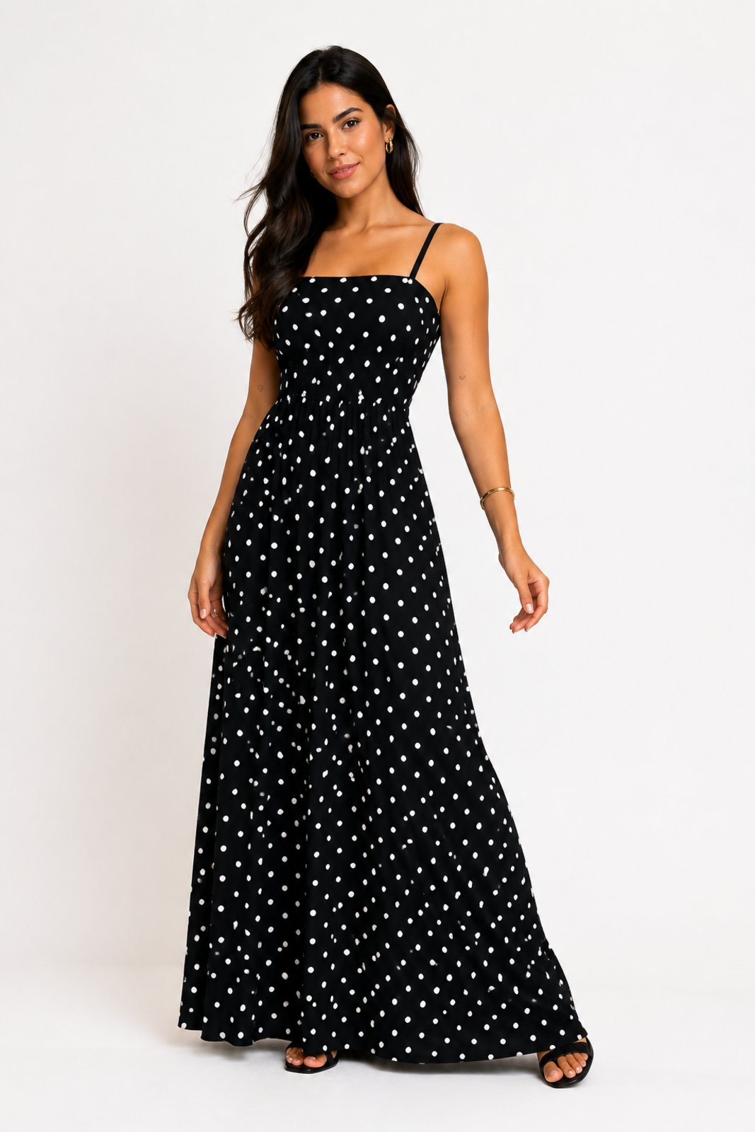 Vestido Longo D Bell Outlet Fashion Alças Finas Preto Com Bolinhas
