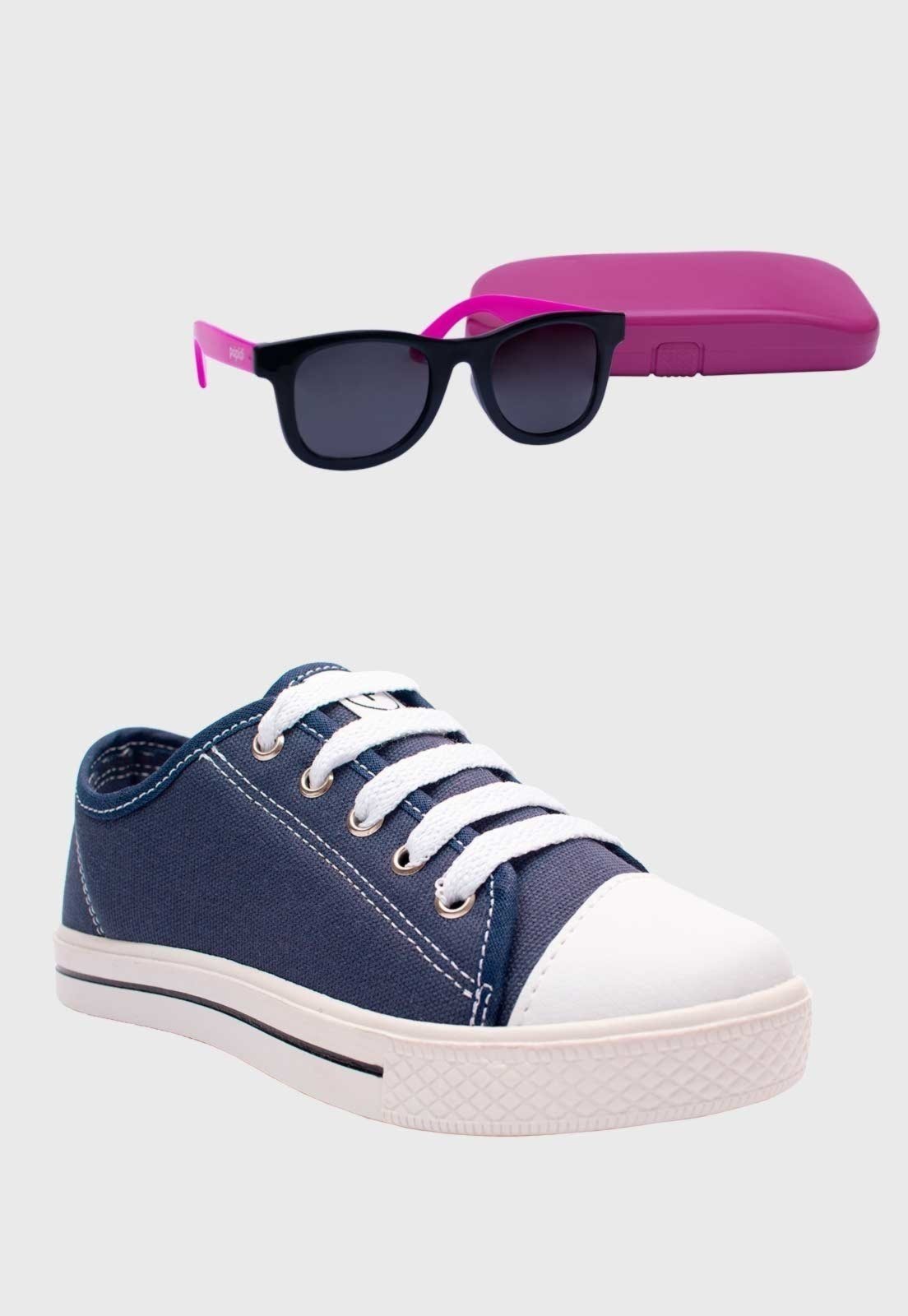 Vista 2 Infantil - Kit Tenis Popstar Marinho e Oculos de Sol Rosa Pópidí azul marinho rosa Pópidí azul marinho rosa