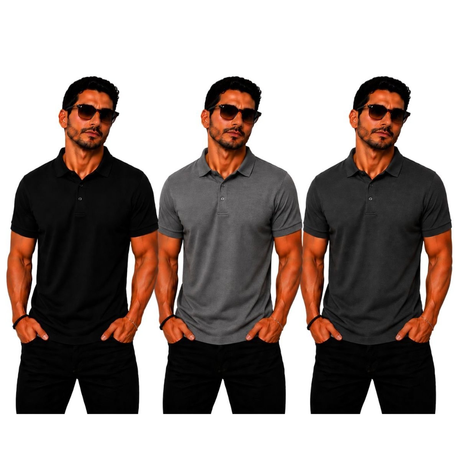 Kit 3 Camisas Polo Poliamida Masculina Básica Premium Multicolorido