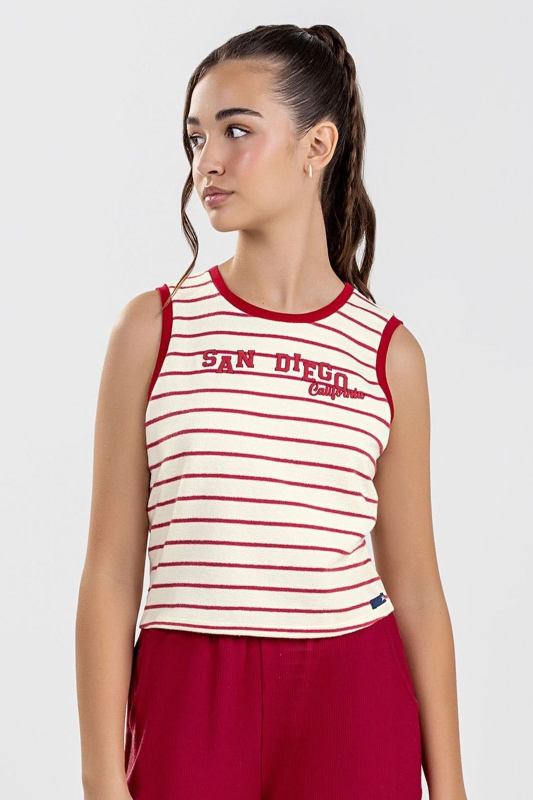 Infantil - Regata Cropped Juvenil Menina Listrada Beats Vermelho