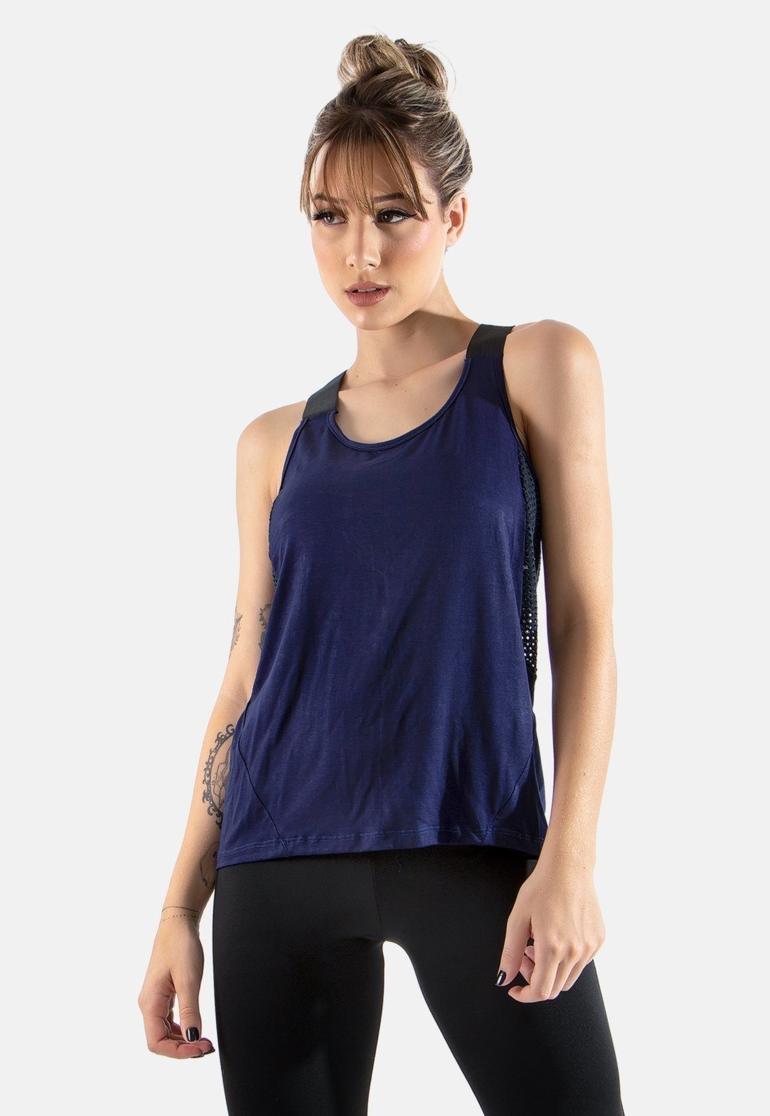 Blusa 4 Estações Regata Tex Feminino Trançada Furadinha Fitness Azul Marinho