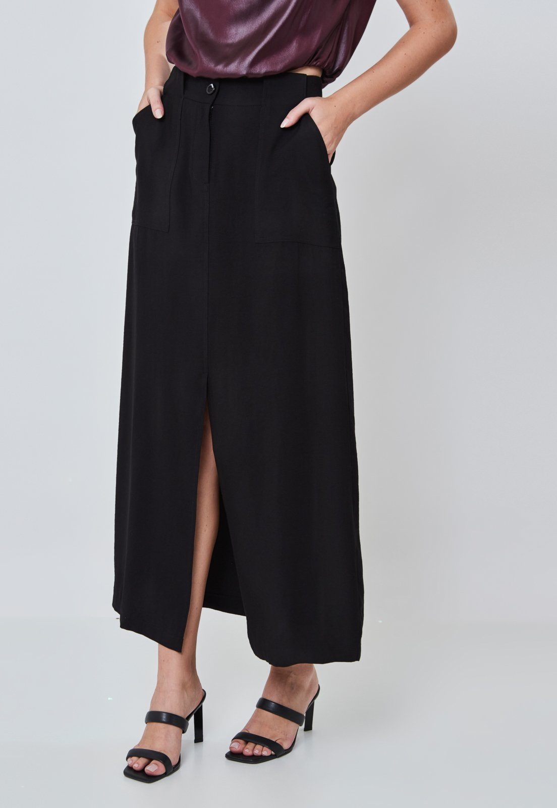 Vista 2 Saia Longa com Fenda e Bolso Utilitario Miss Joy 7842 preto preto
