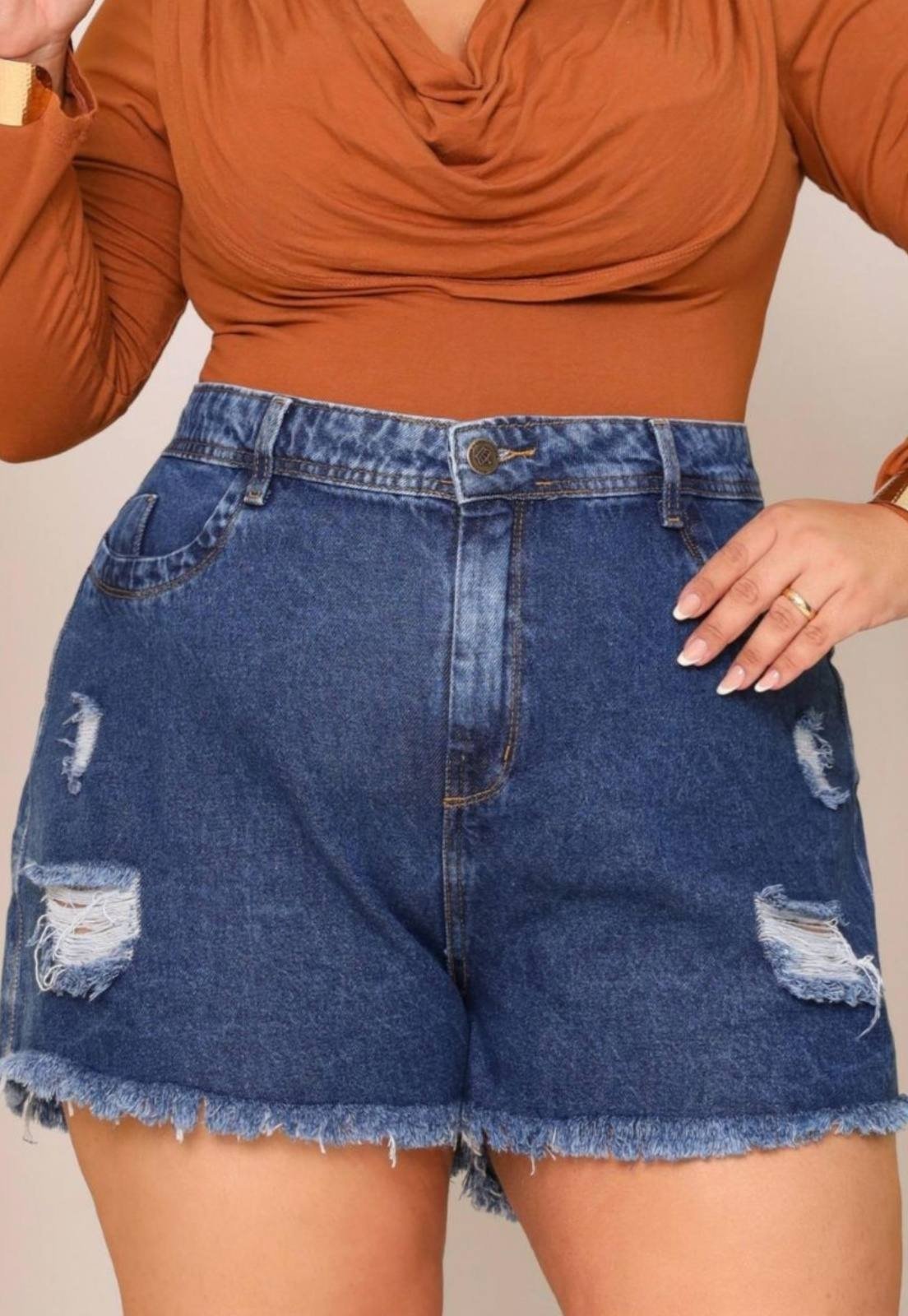Short Plus Size Yellow Jeans Cintura Alta Detalhe Desfiado Azul