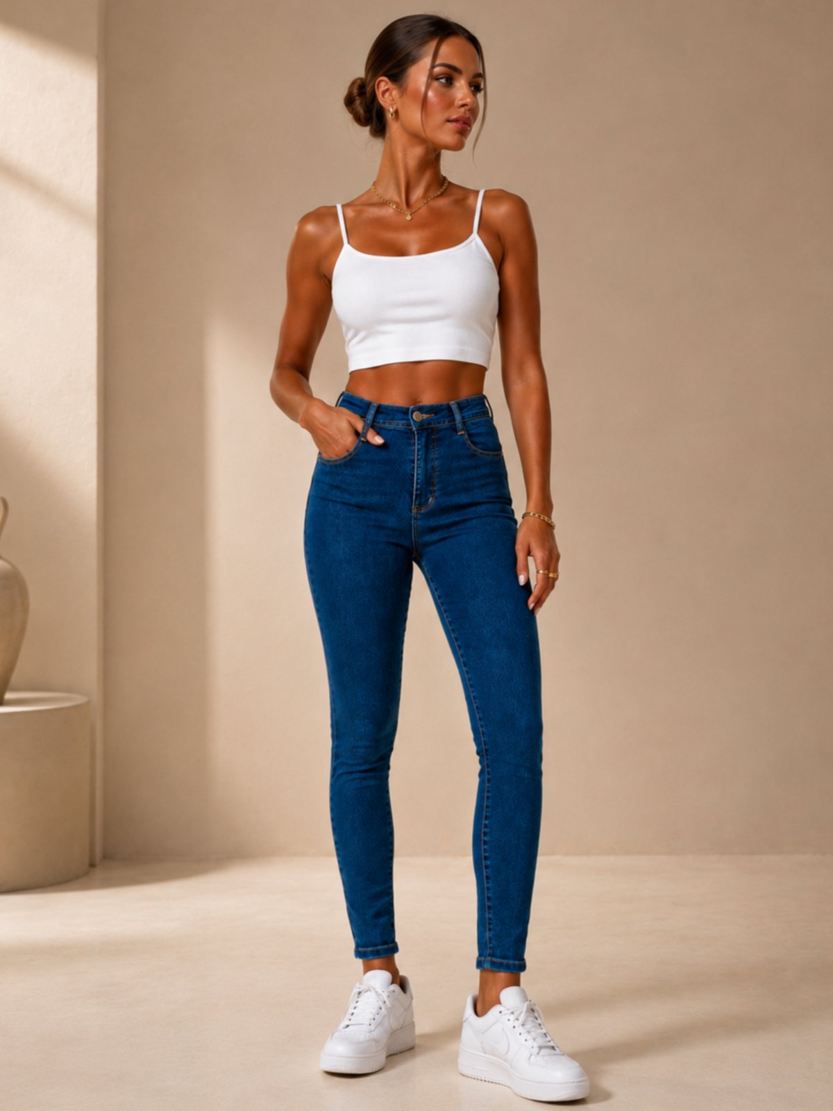 Calça Jeans Feminina Skinny Cintura Alta Purple Jeans Azul Escuro Premium Modela Corpo Confortável Com Elastano