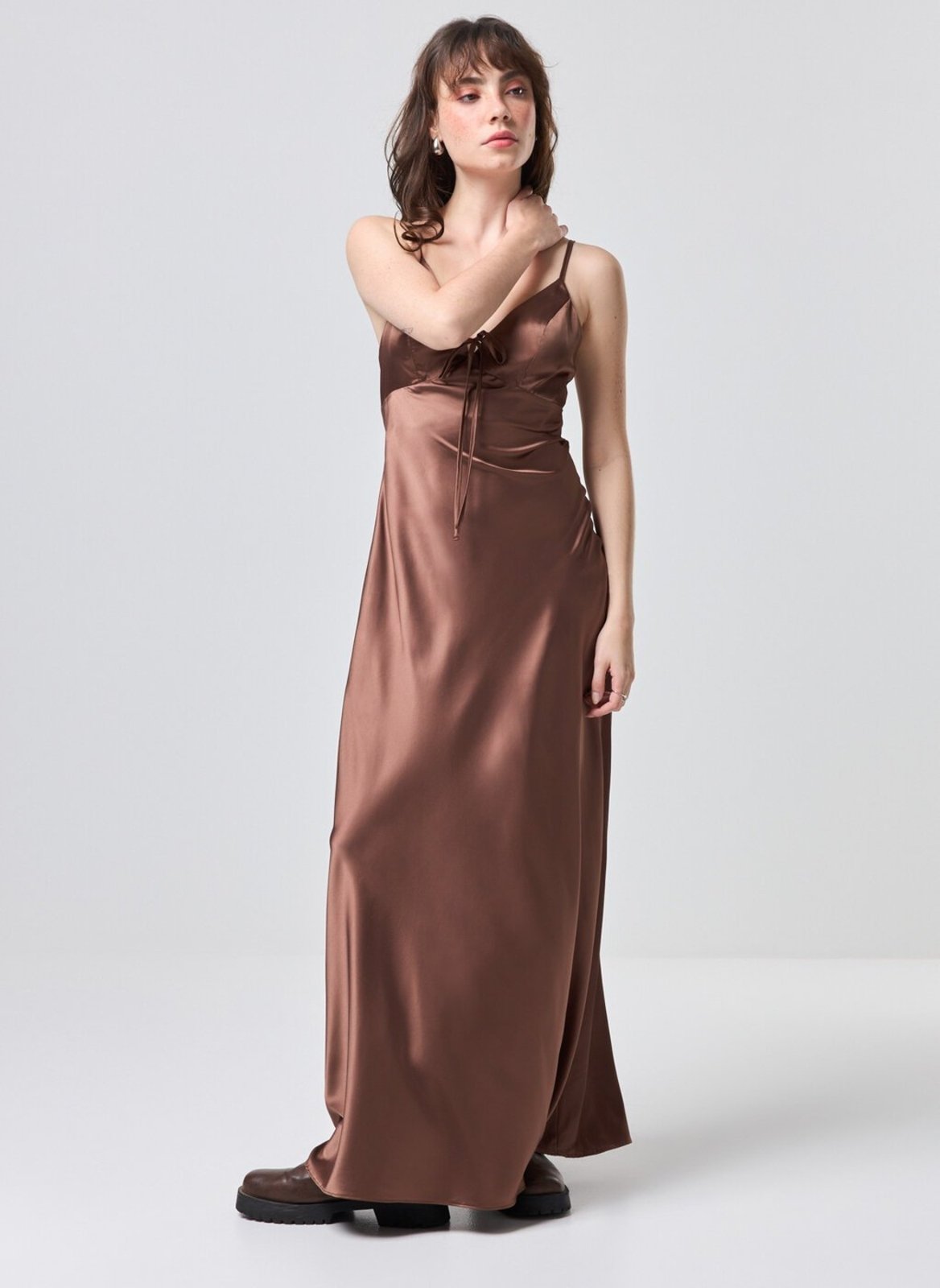 Vestido Midi Cetim Marrom Amarração