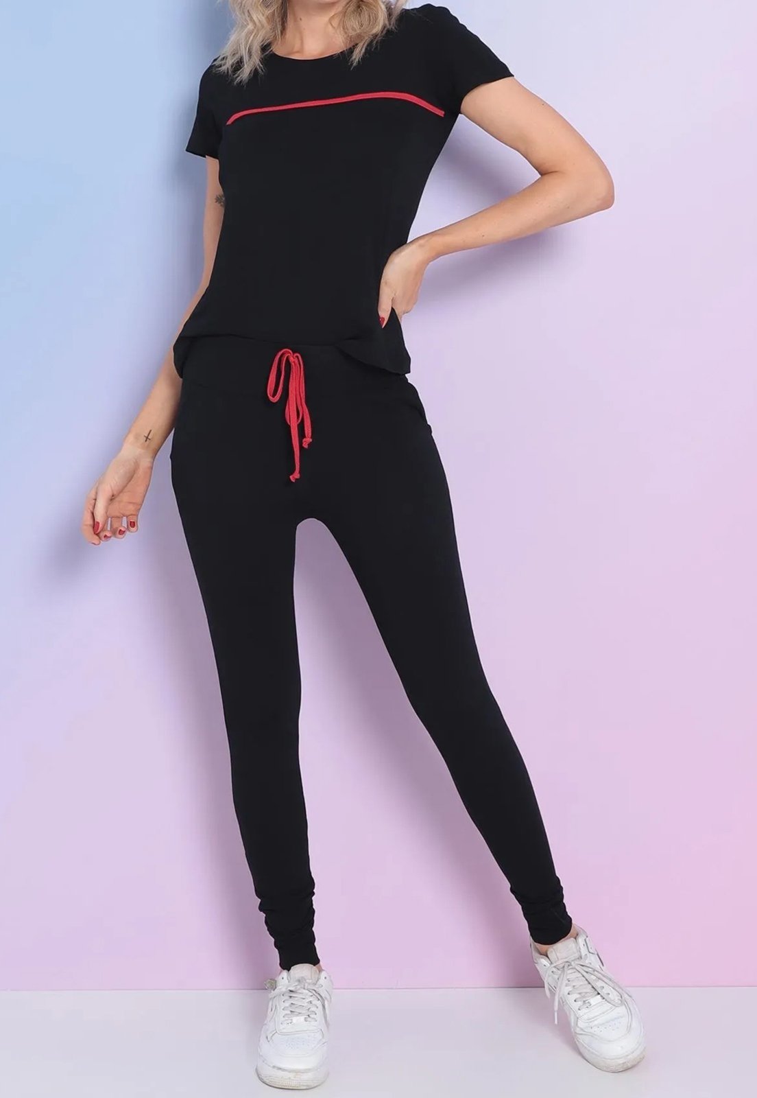 Conjunto Maria Paes Preto Com Viés Vermelho