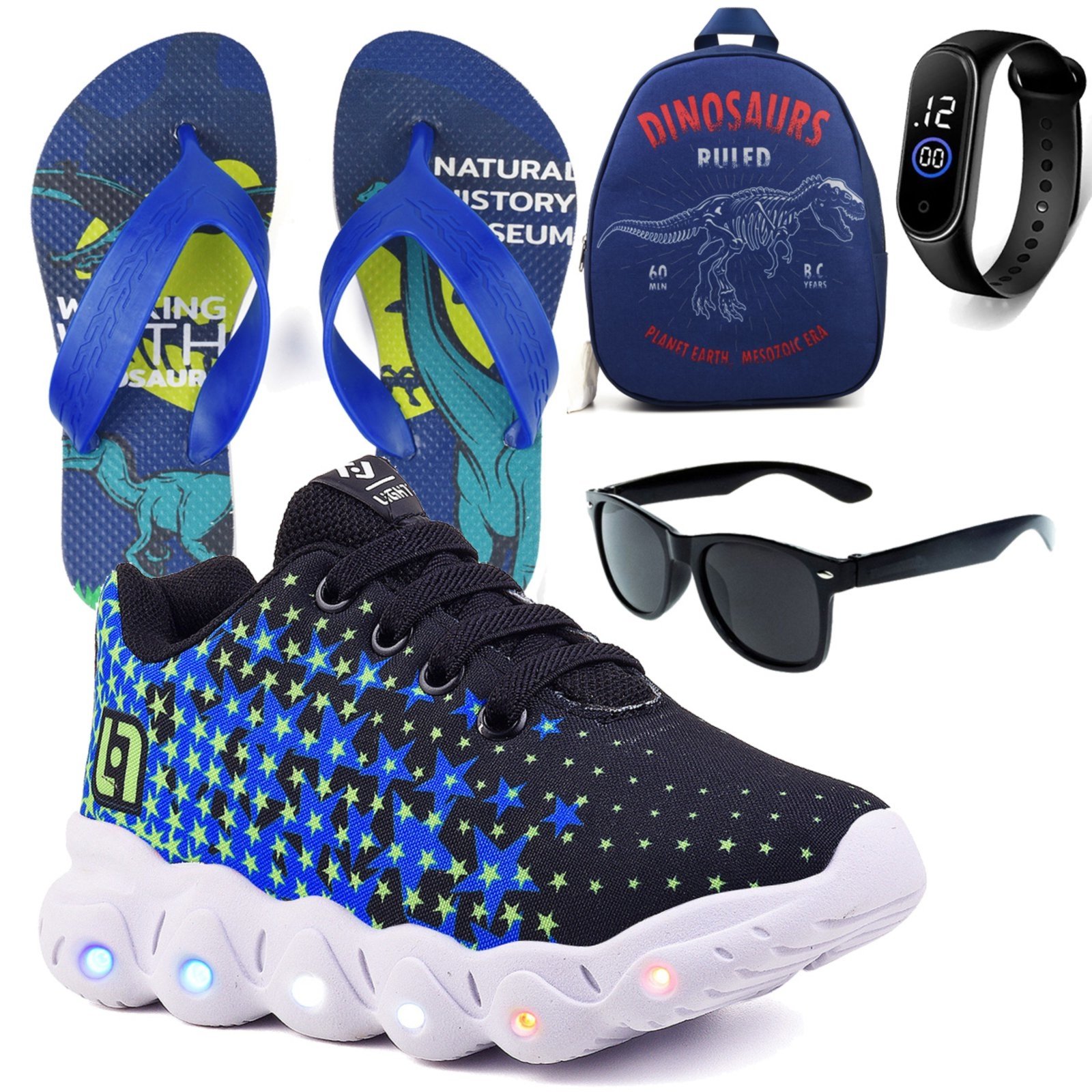 Vista 2 Infantil - Tenis De Led Meninos Casual Preto e Com Luzes + Mochila Chinelo Óculos e Relógio CALCADOS LGHT LIGHT azul CALCADOS LGHT LIGHT azul