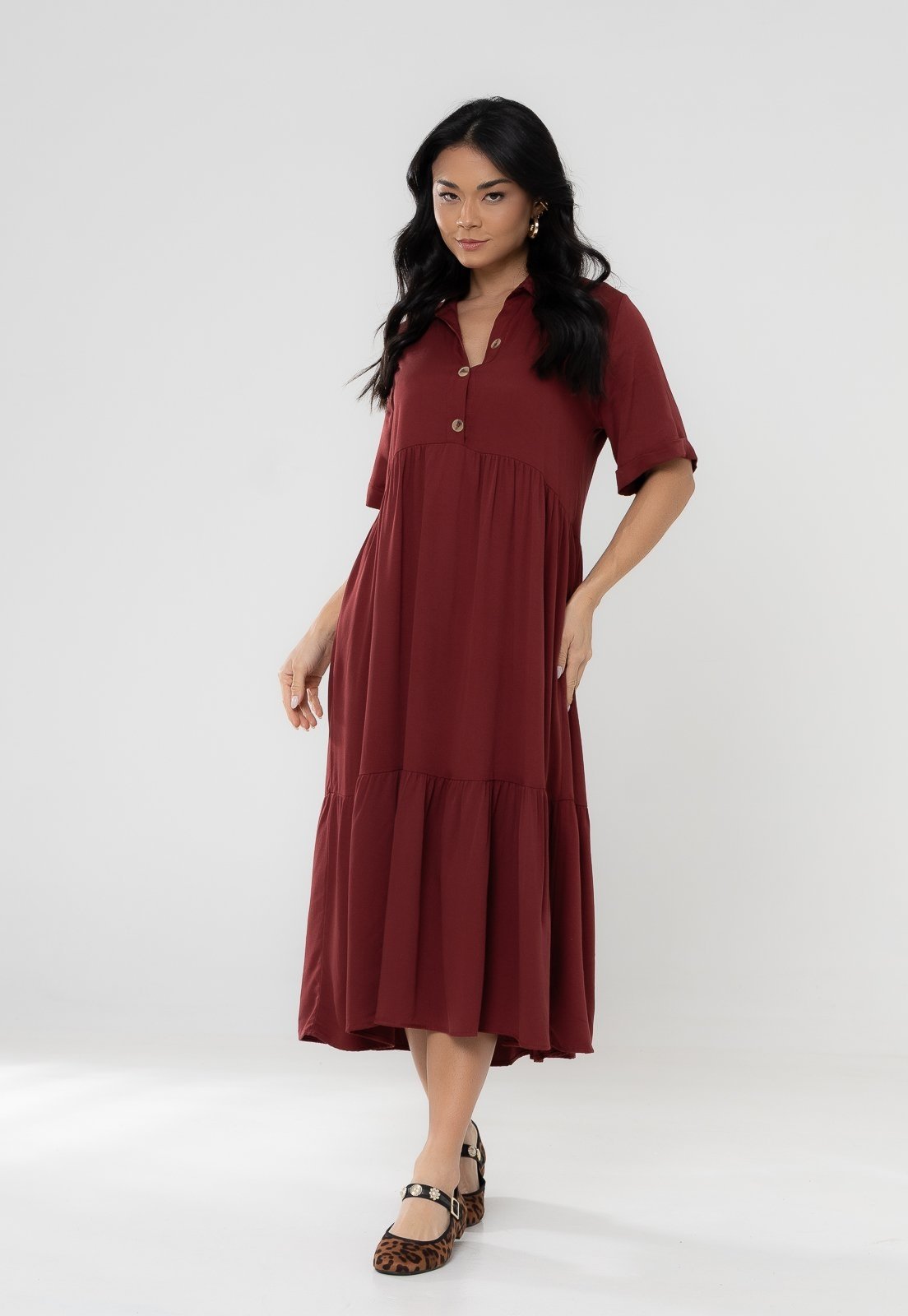 Vestido Aura Chemise Rafaela Sarja Liso Bordô