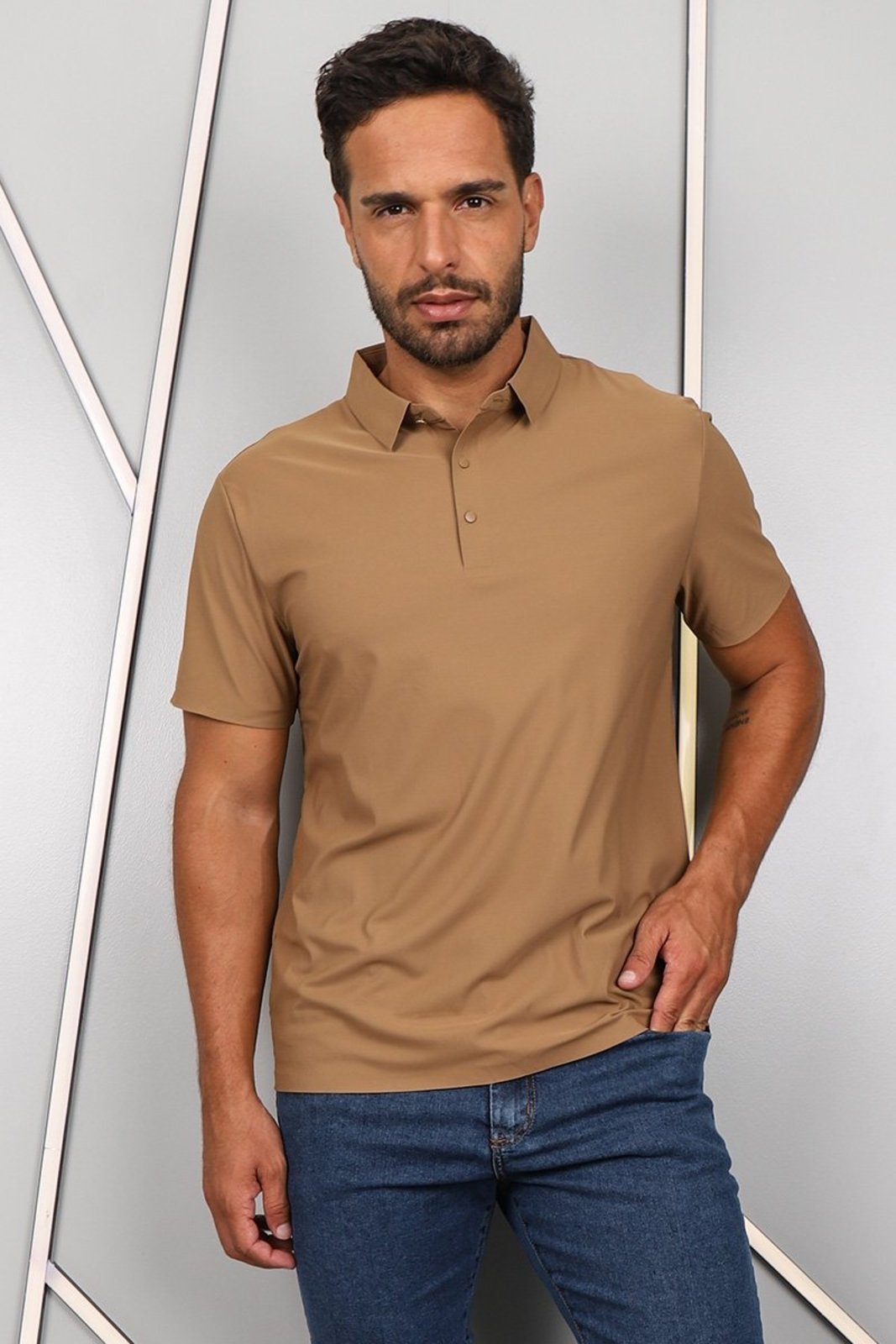 Camisa Polo Masculina Slim Poliamida Elástica Toque Gelado Manga Curta Costura a Laser