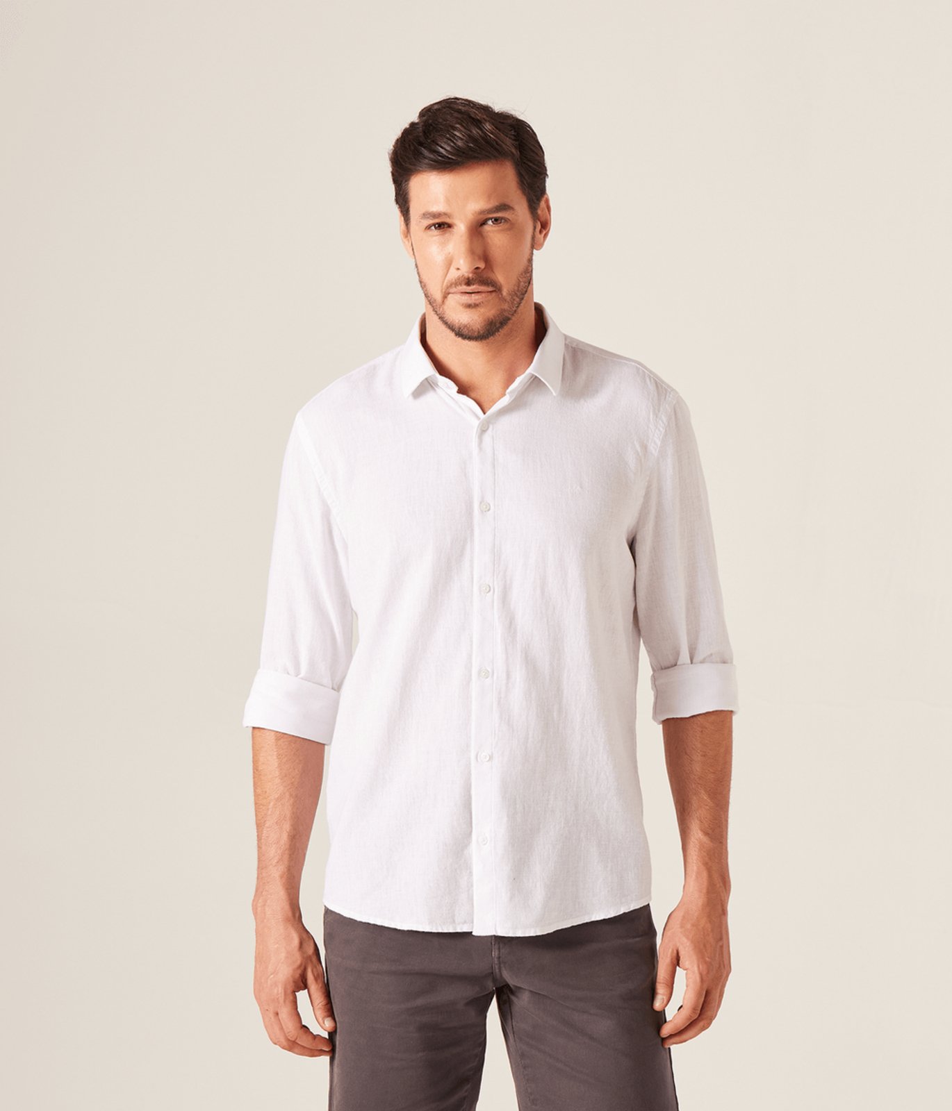 Camisa Lisa Linho Slim Casual Masculina Branca