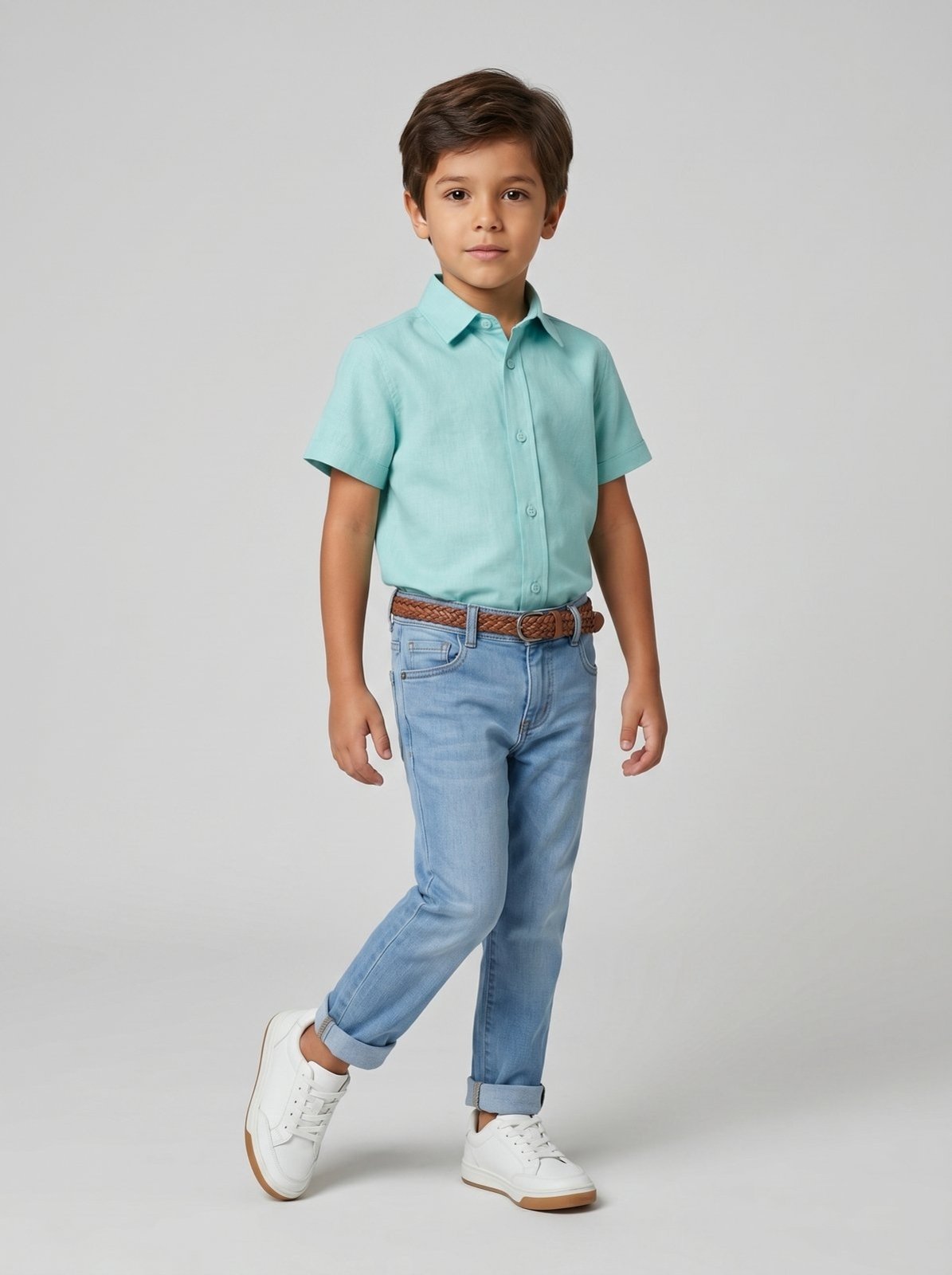 Vista 2 Infantil - Camisa Manga Curta Algodão - Verde Agua - 06 Traymon cáqui verde Traymon cáqui verde