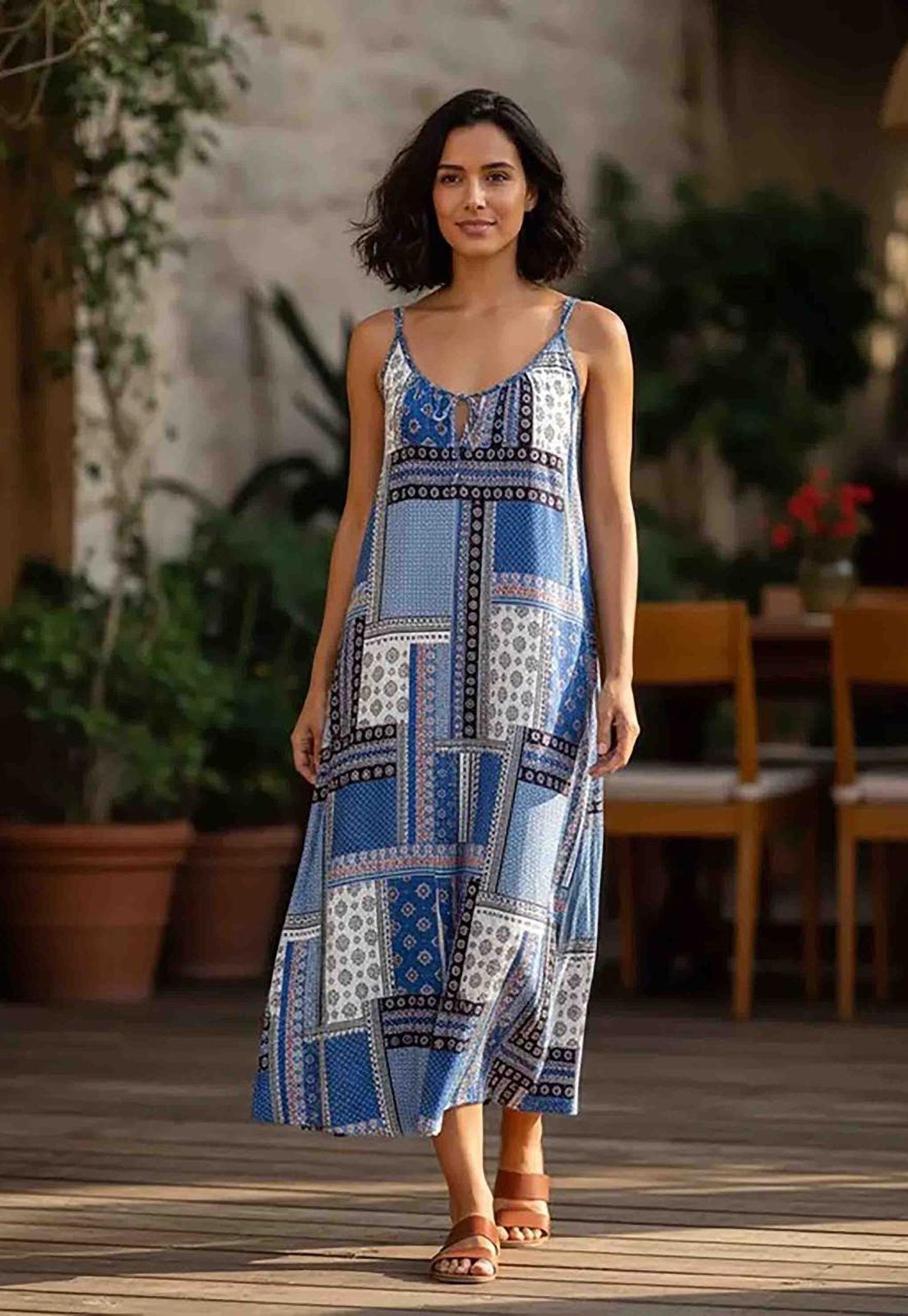 Vista 2 Vestido Amazonia Vital Longo Caçuá Viscose Alça Fina Estampa Blue Baby estampado blue Amazonia Vital estampado blue