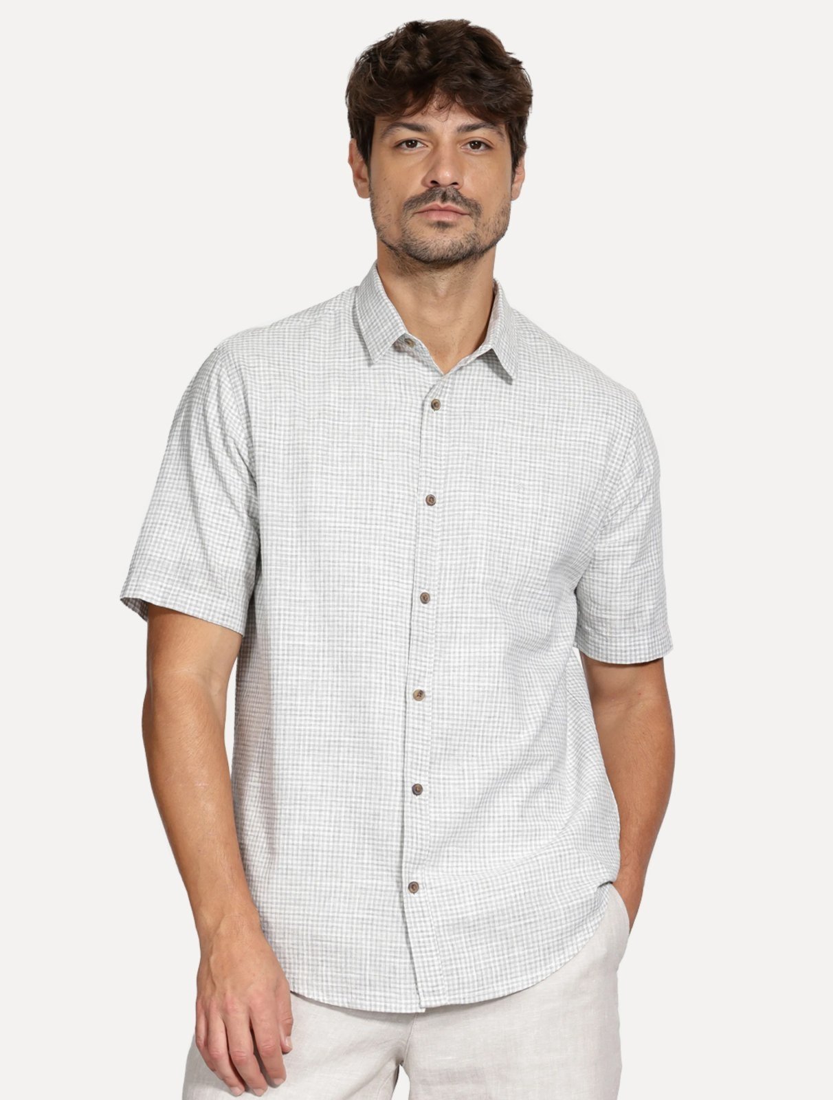 Camisa Aramis Masculina Manga Curta Regular Mini Xadrez Branco/Cinza