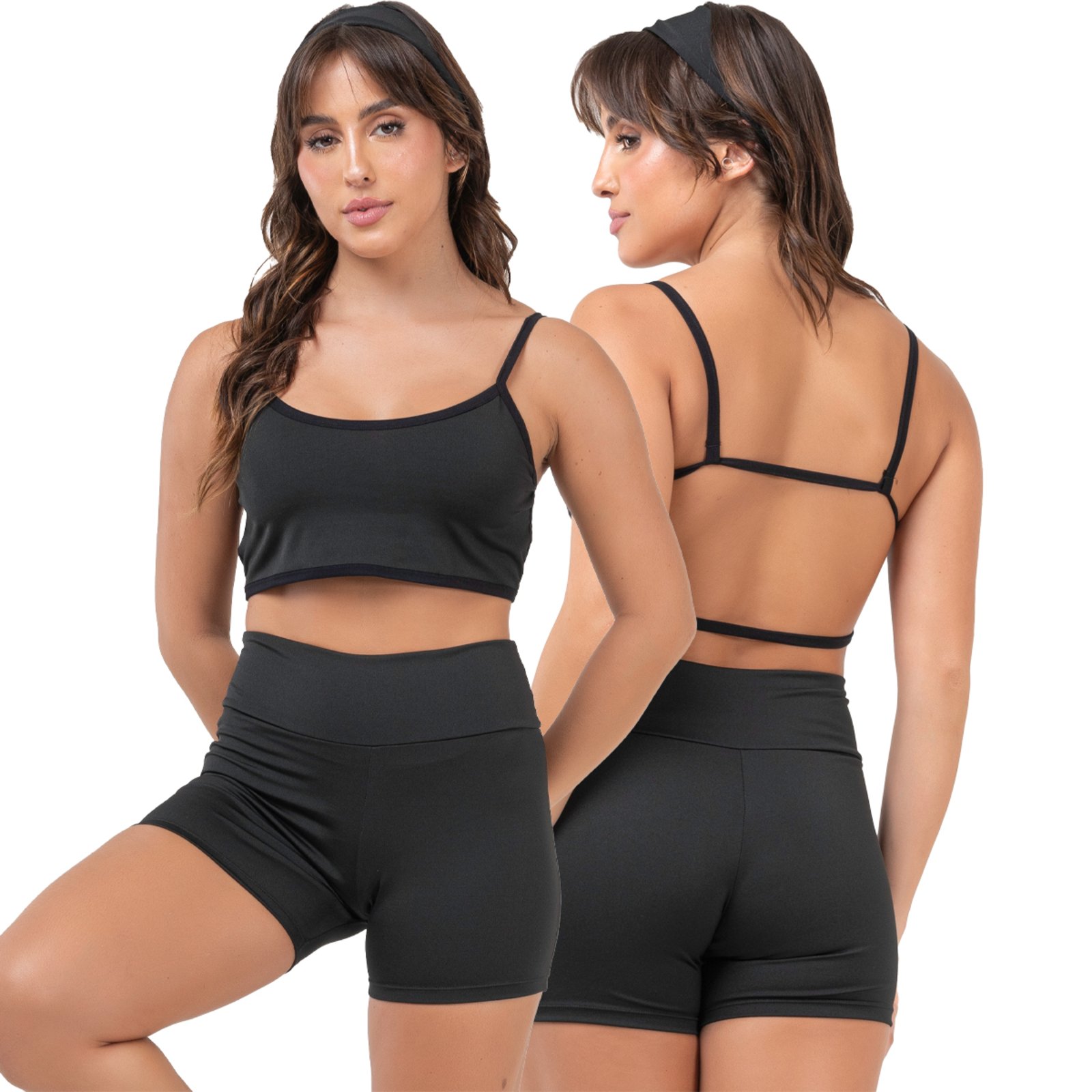 Conjunto Fitness Top Alcinha e Short Curto Cós Alto em Suplex de Academia 124+023 PRETO