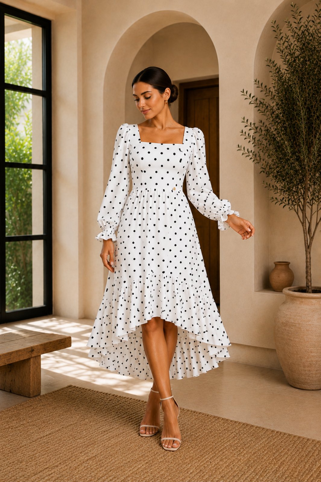 Vestido Midi Mullet Feminino Poá Branco com Costas em Elastex e Manga Longa Bolinha Branco