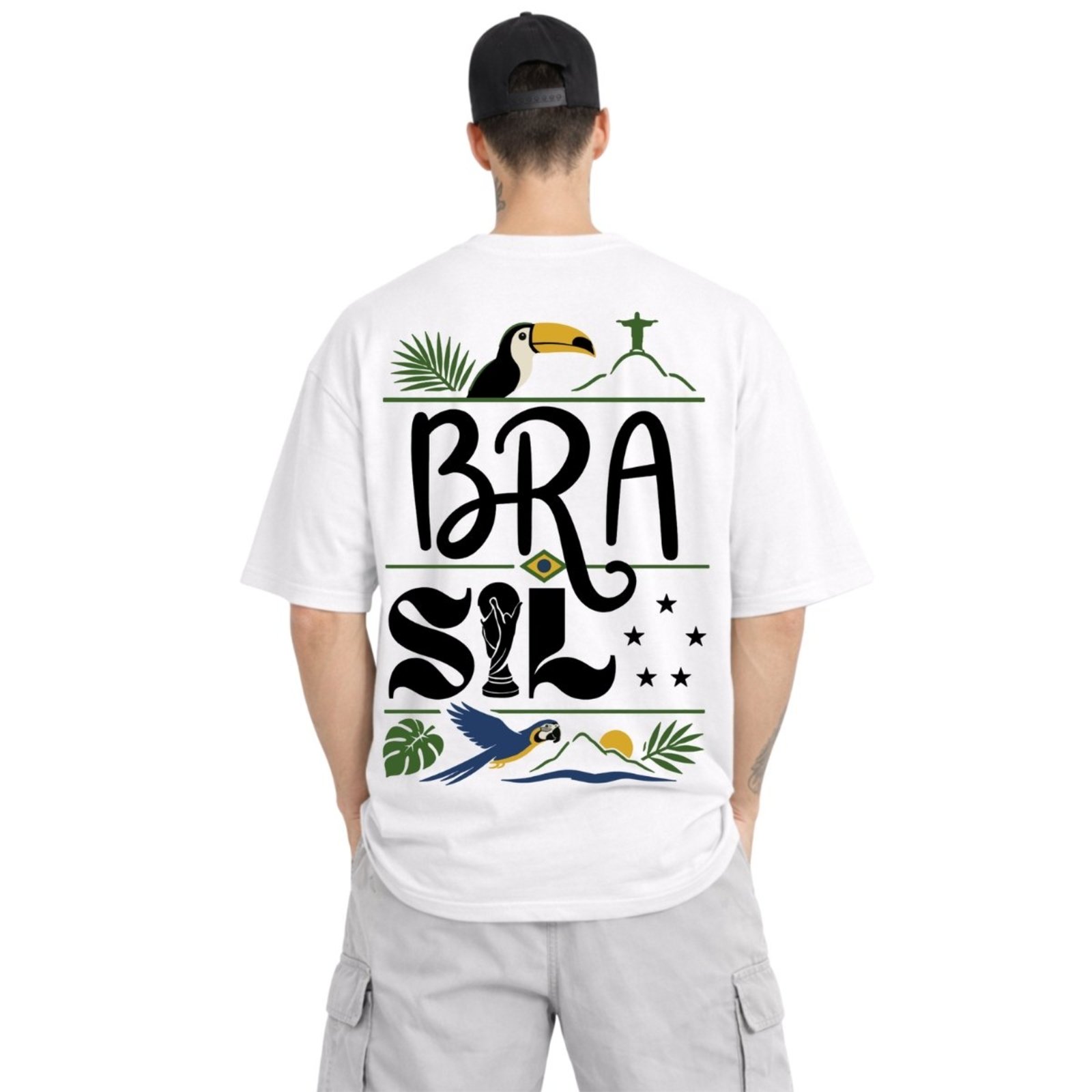 Camiseta Oversized Masculina Streetwear Estampada 100% Algodão Brasil Arara Branco
