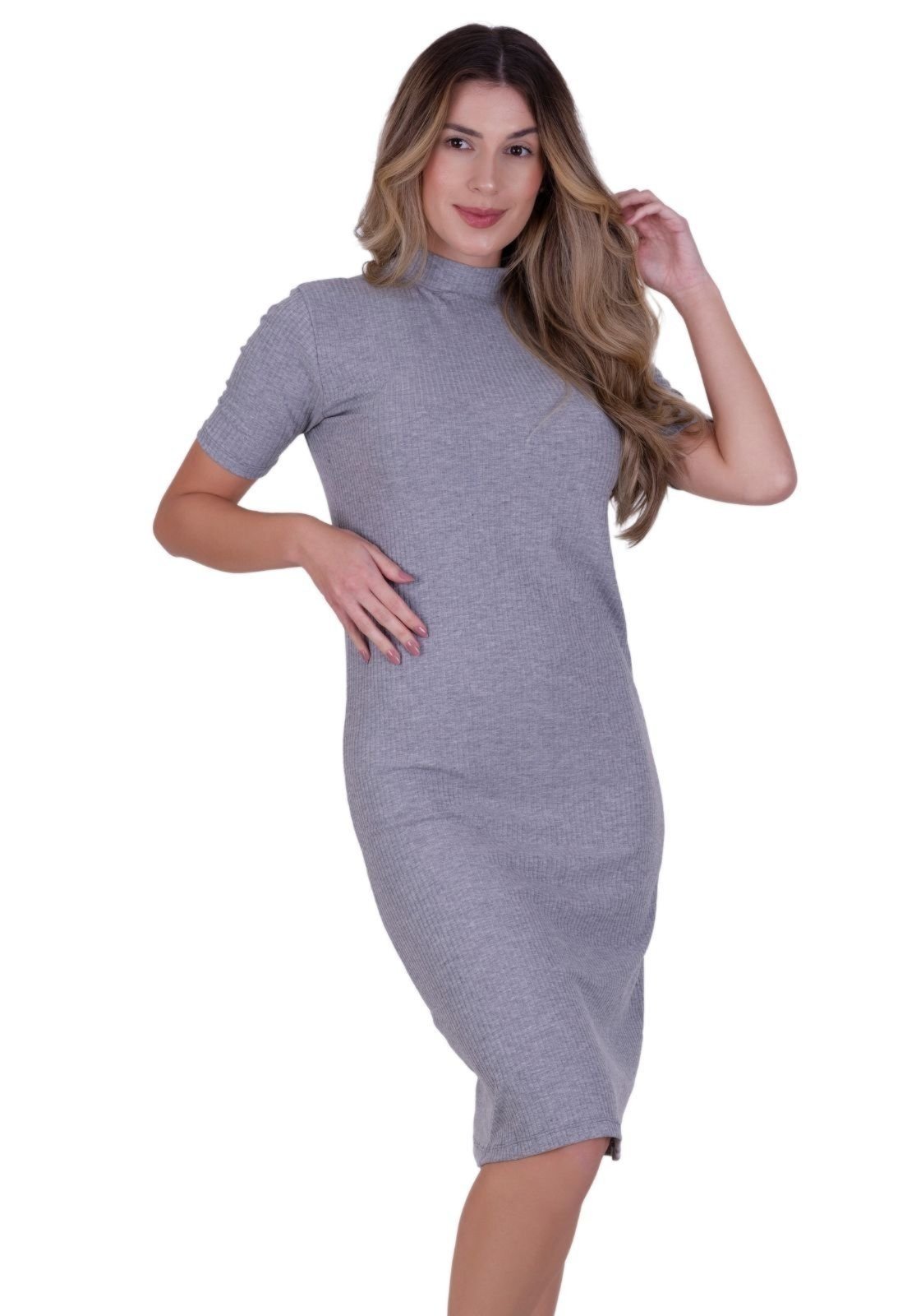Vestido Manga Curta Gola Alta Inverno Midi Cinza